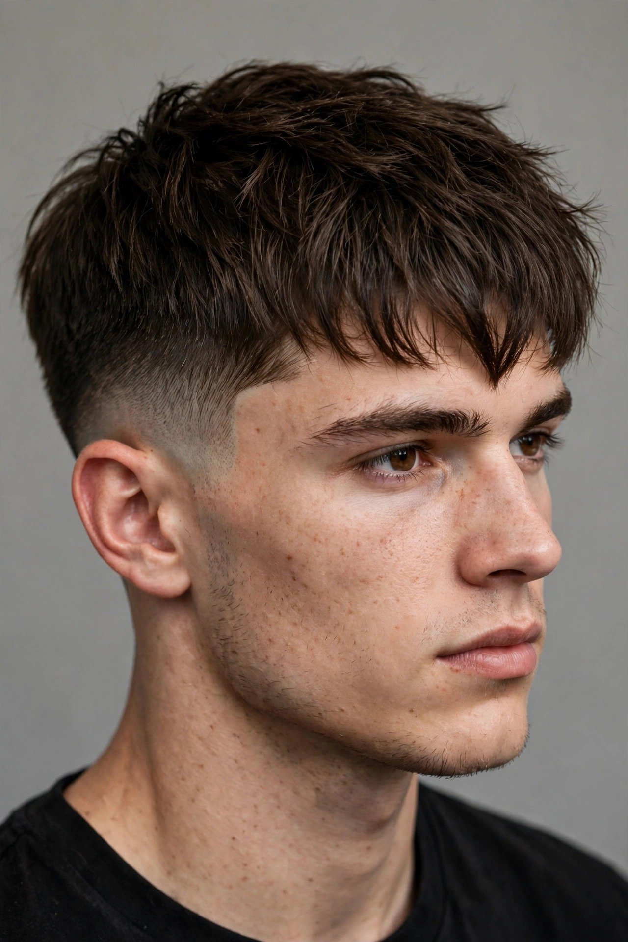 French crop haircut on man with widow's peak, short textured fringe complementing the hairline
