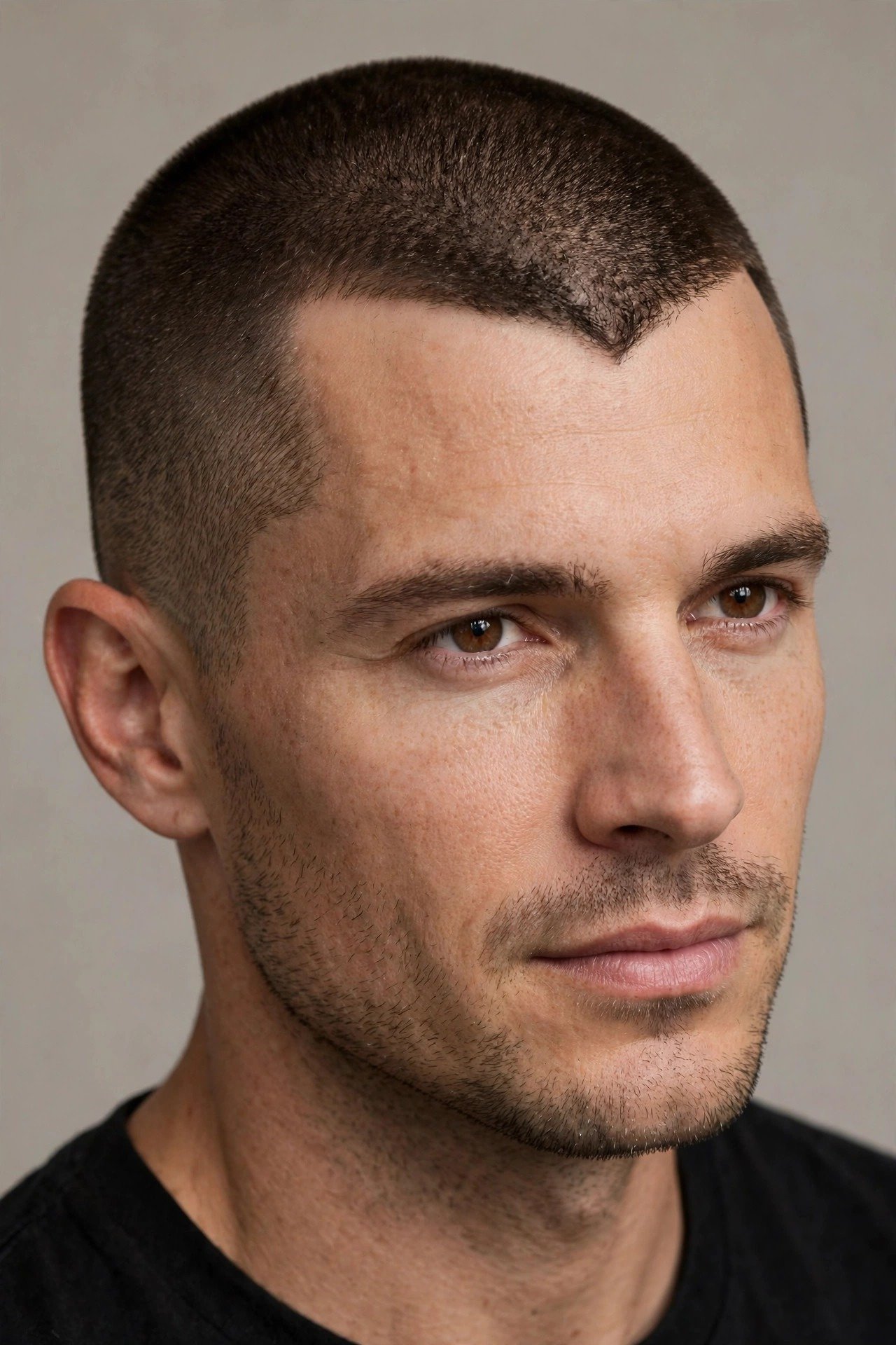 Buzz cut on man with widow's peak, short even cut showing the natural V hairline confidently