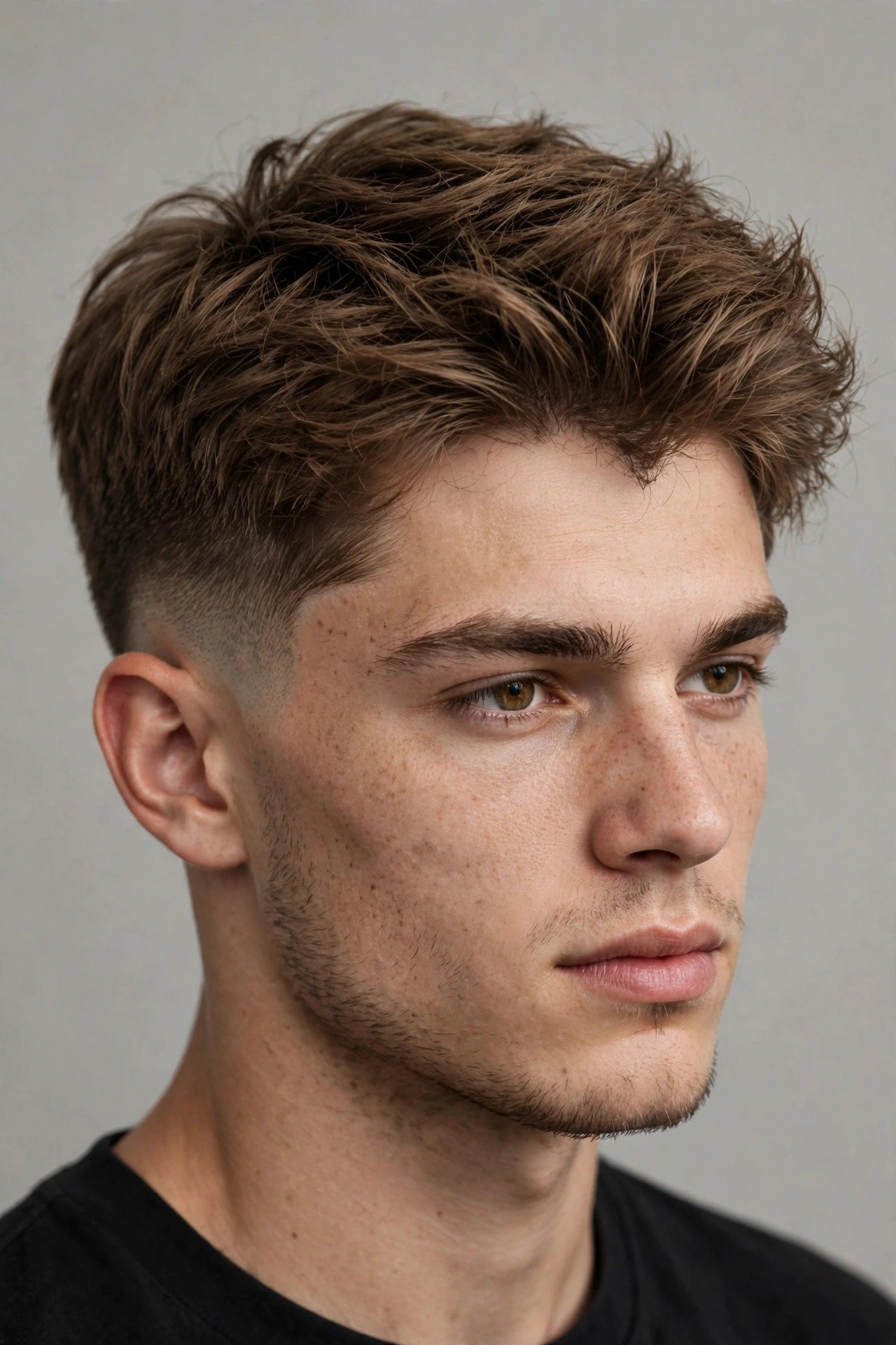 Faux hawk haircut on man with widow's peak, textured center strip drawing eye upward
