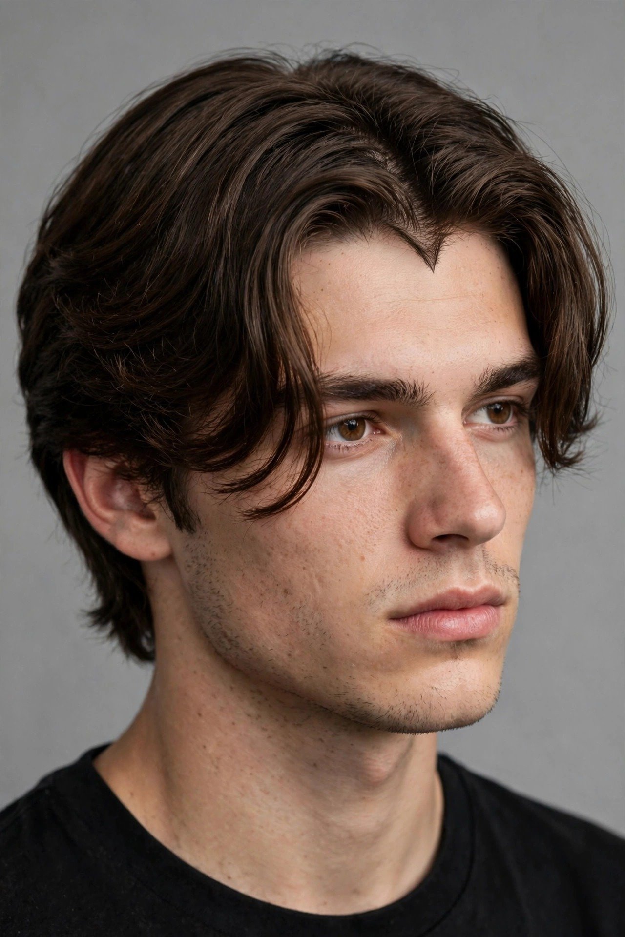 Middle part curtains on man with widow's peak, soft parted layers framing the face