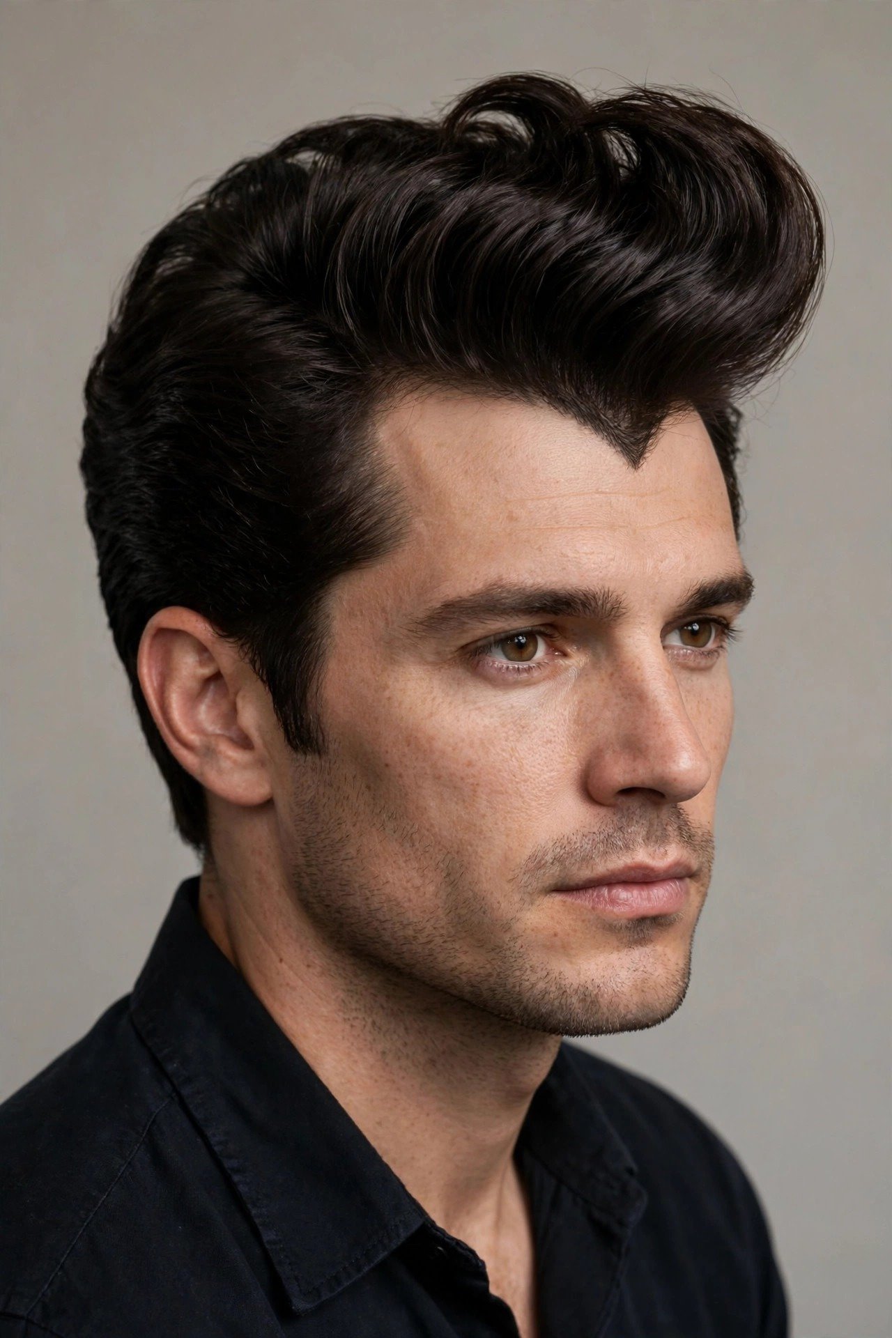 Pompadour haircut on man with widow's peak, voluminous front sweeping up from the hairline
