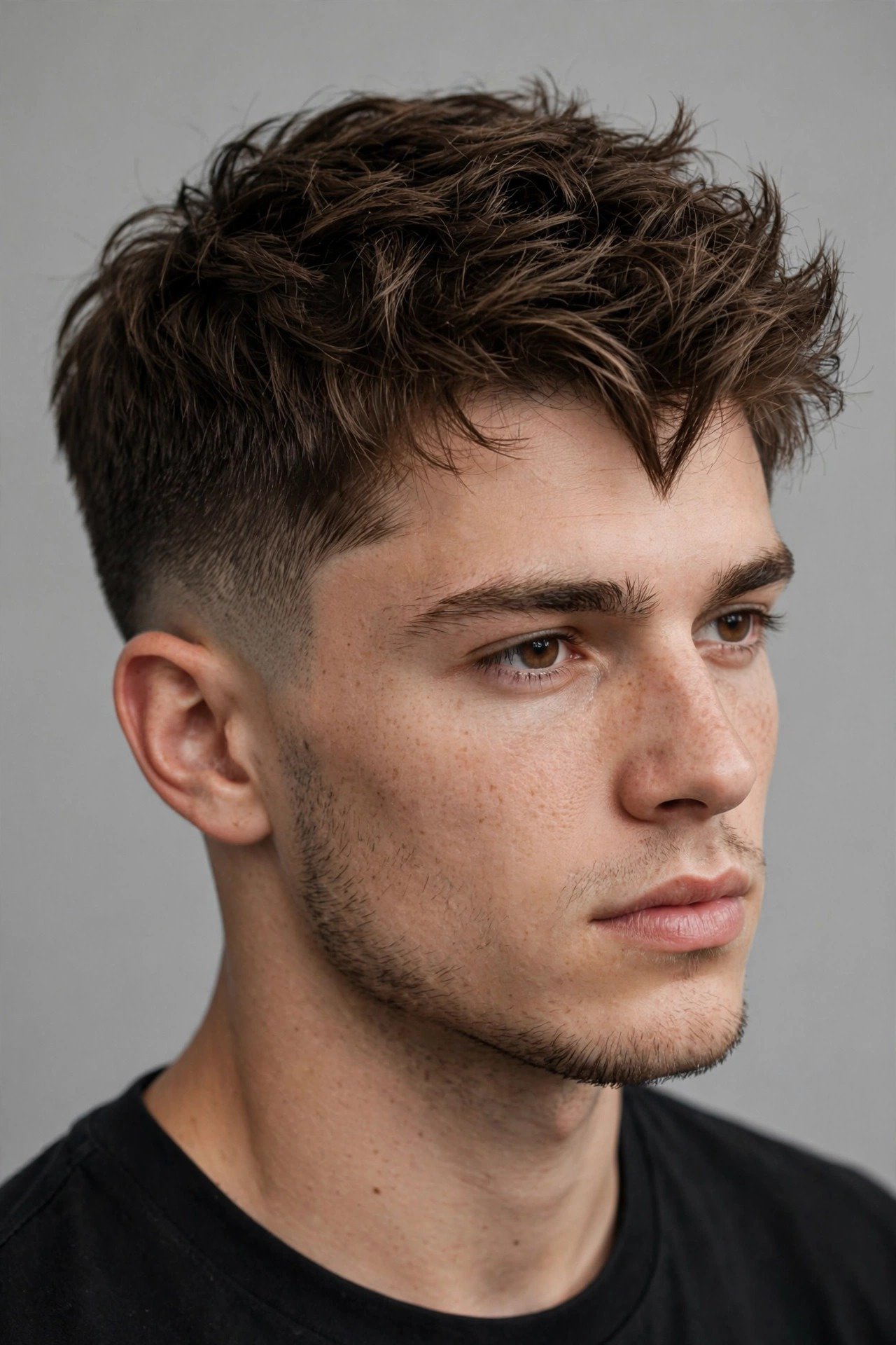 Taper fade with textured top on man with widow's peak, clean sides with natural hairline