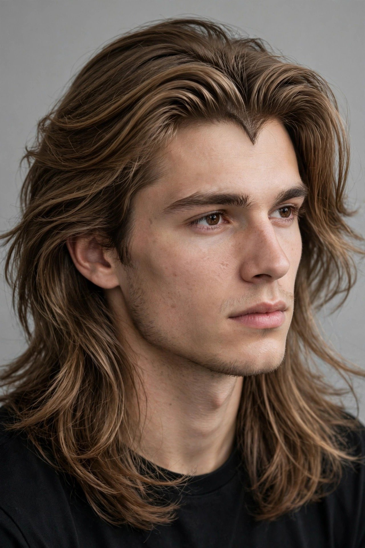 Long flow hairstyle swept back on man with widow's peak, hairline as natural starting point