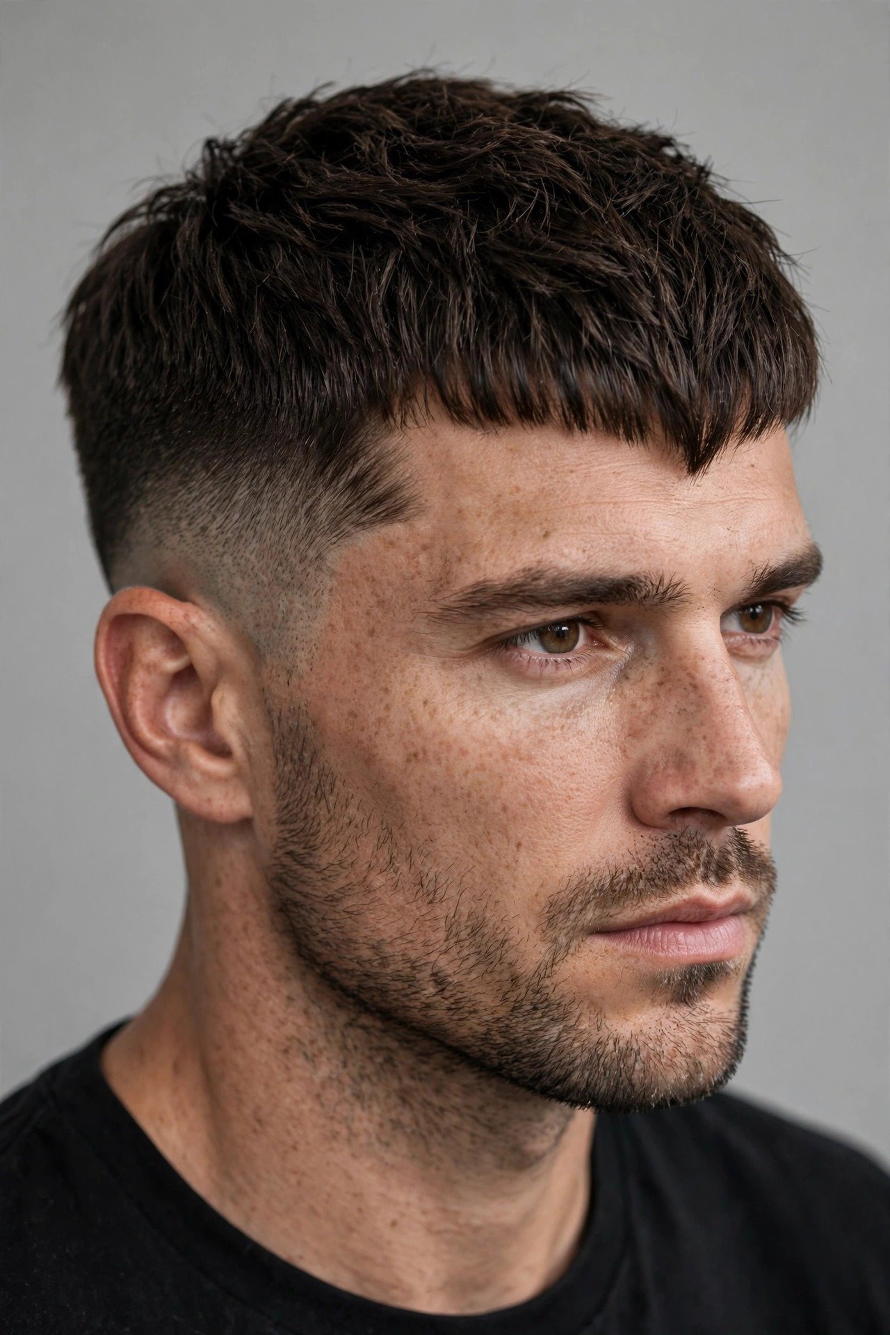 Caesar cut on man with widow's peak, short horizontal fringe working with the hairline