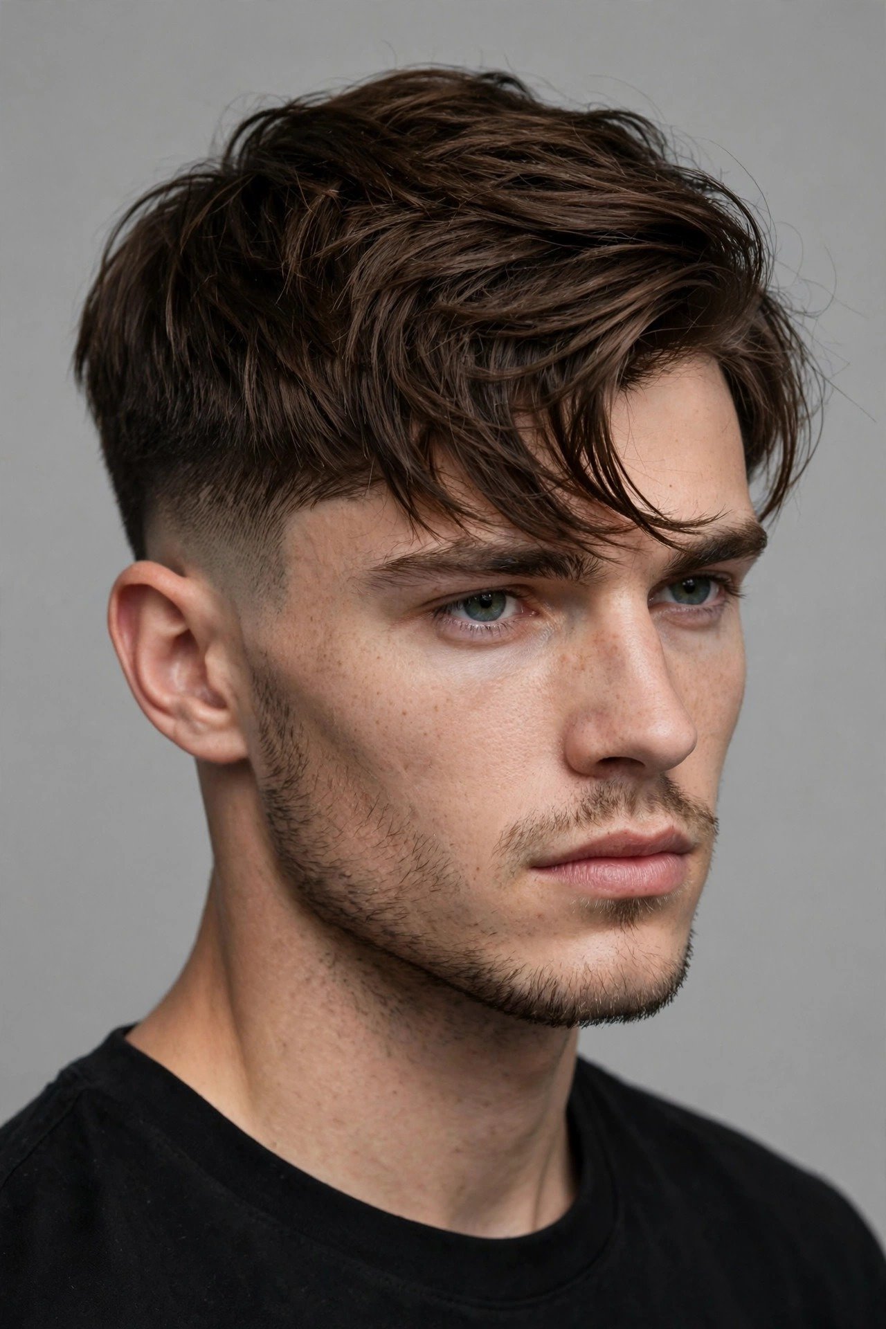 Side swept undercut on man with widow's peak, long top swept across softening the hairline