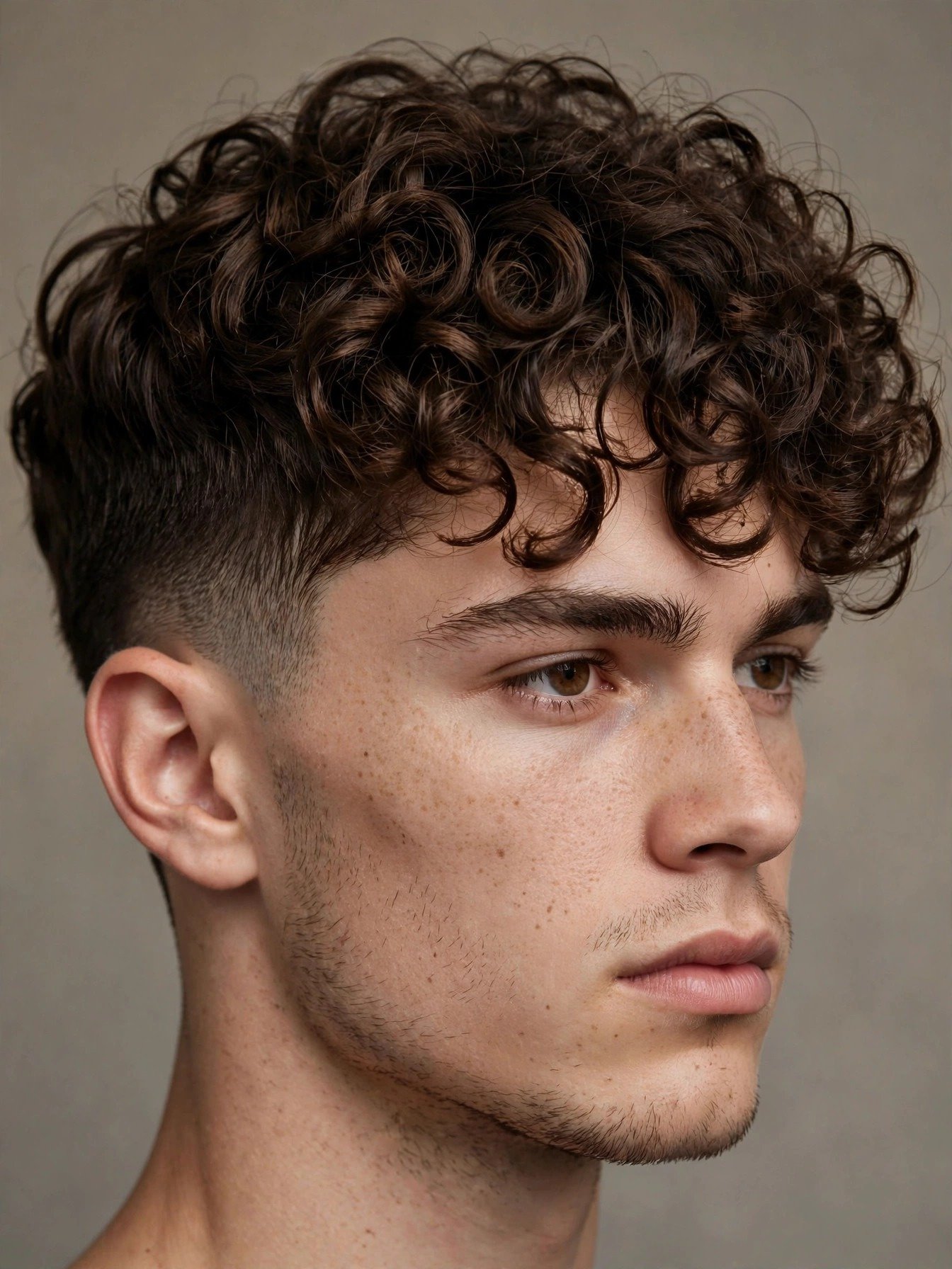 Curly top with taper on man with widow's peak, defined curls making the hairline a non-issue