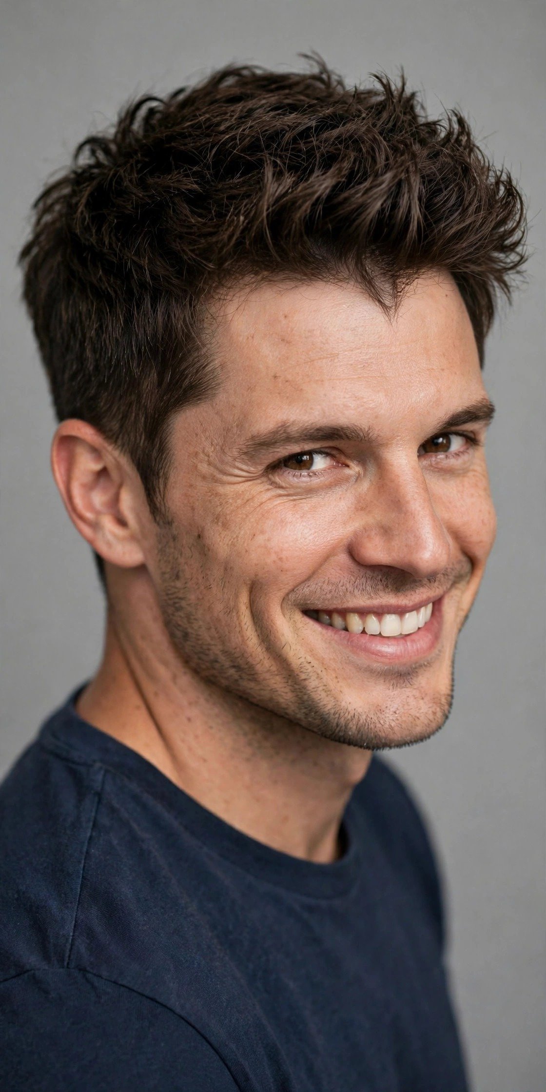 Confident smiling man with widow's peak and well styled hair, natural look
