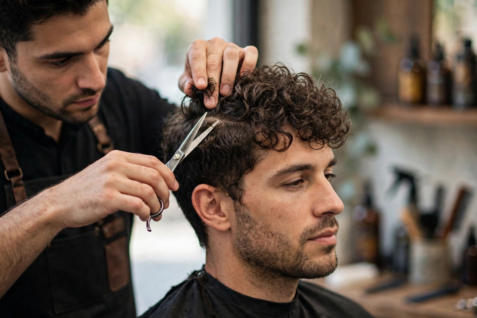 Barber styling textured hair on male client, professional hairline-aware haircut technique