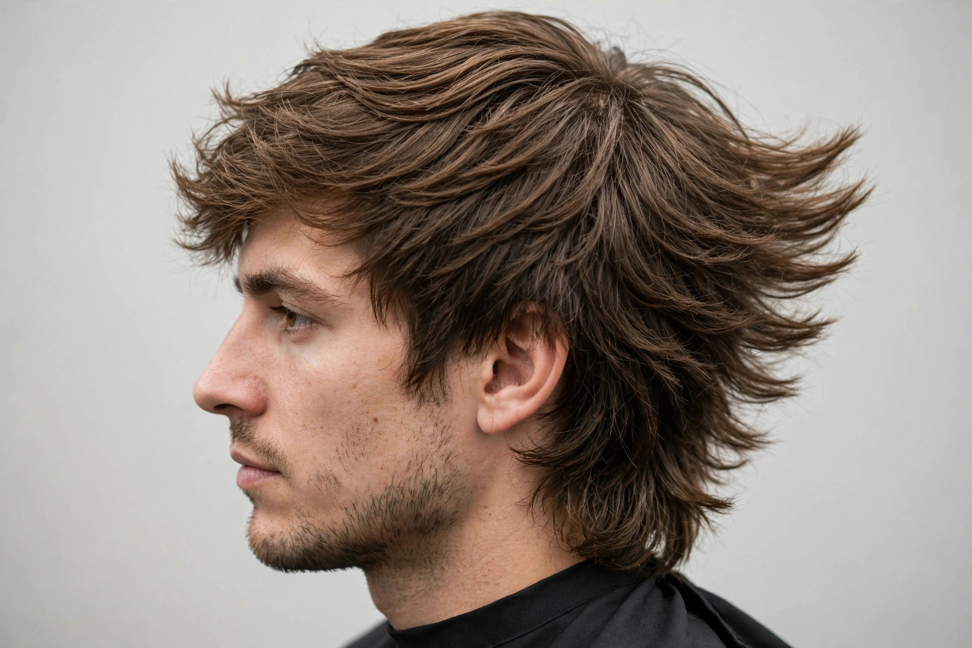 Side view of a man growing out his hair into a wings haircut