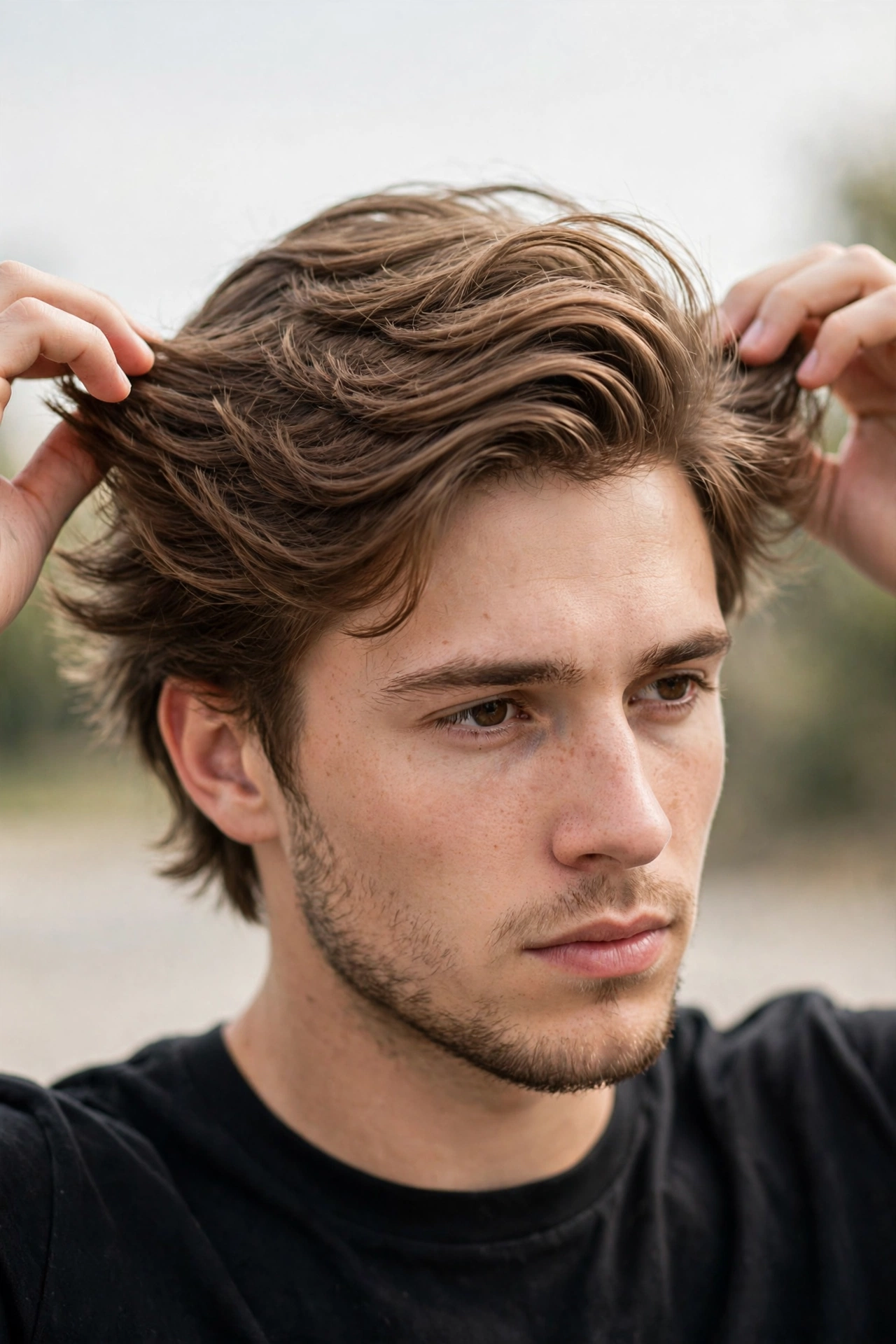 Man refreshing his wings haircut outdoors, lifting the feathered sides with his fingers