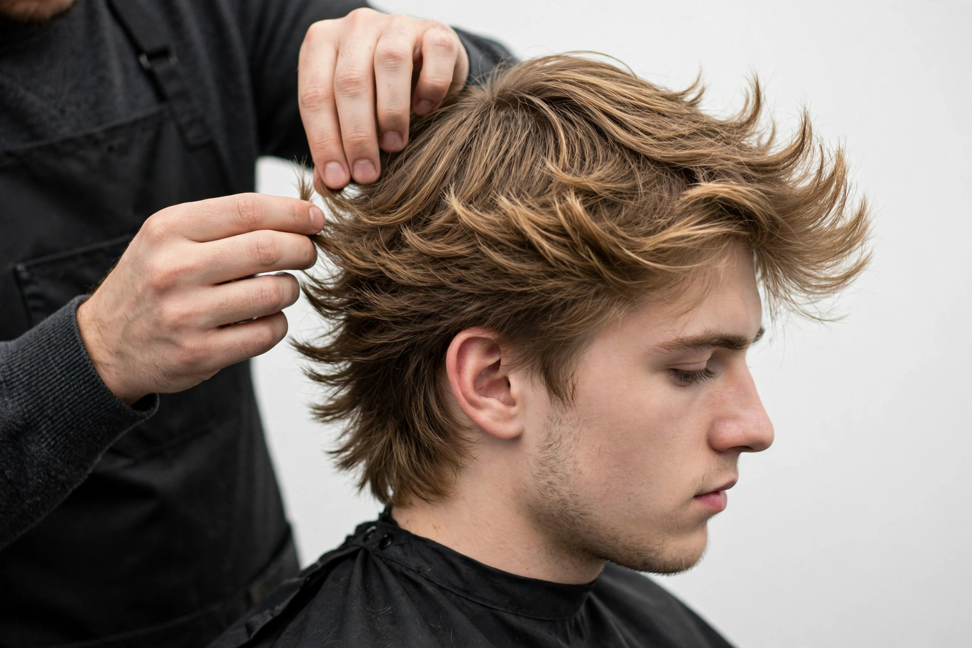 Barber applying finishing touches to a men's wings haircut in the shop