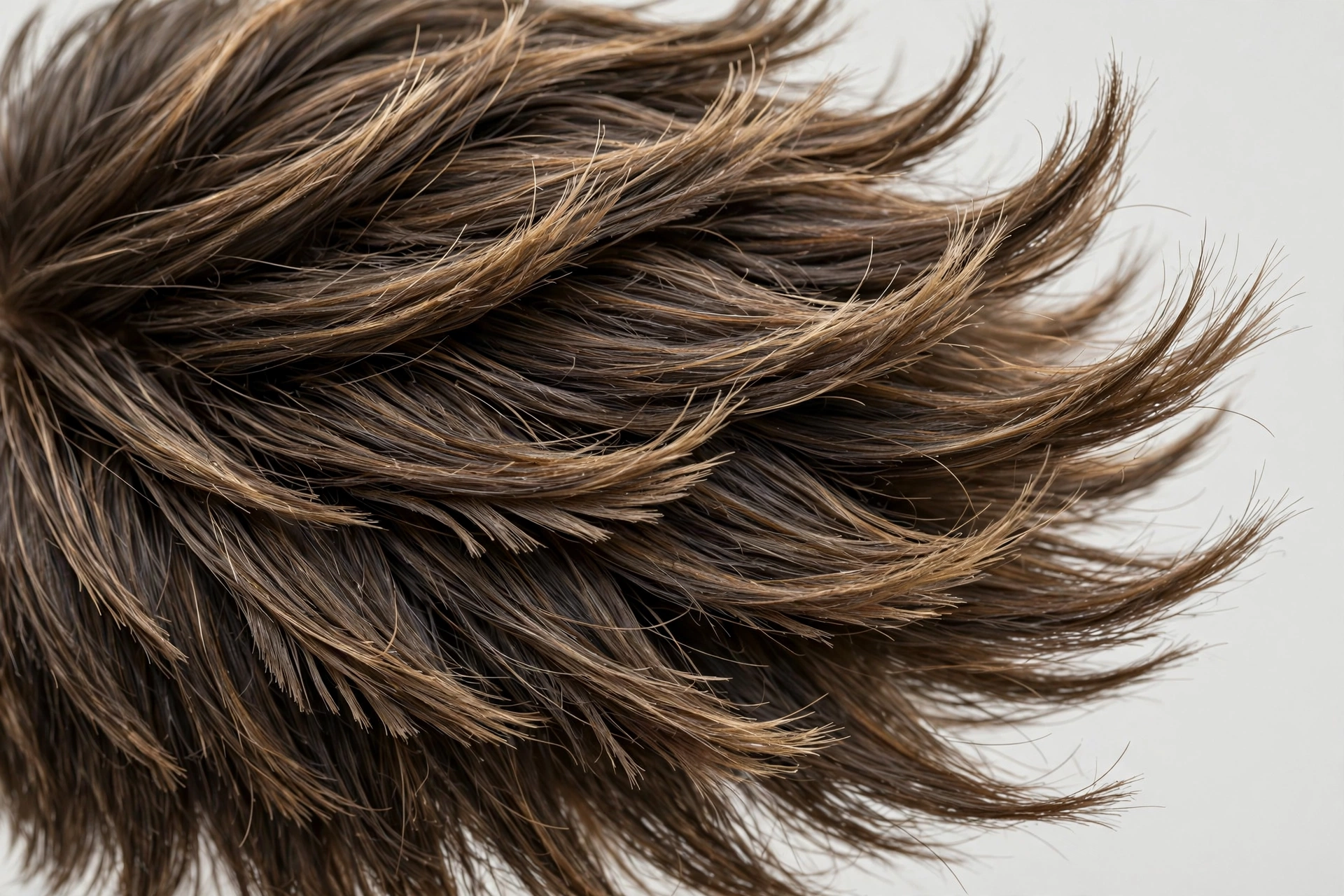 Close-up detail of feathered wings haircut texture, layered ends