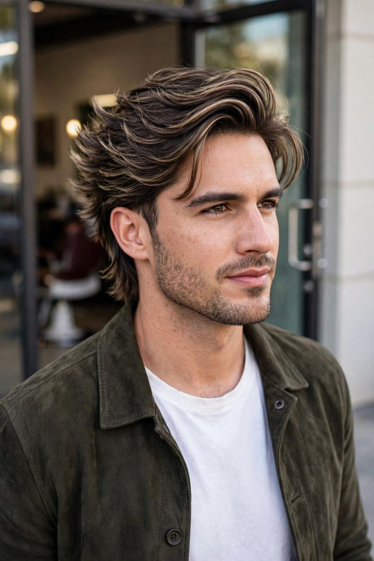 Confident man with a finished wings haircut walking out of a barbershop, final look