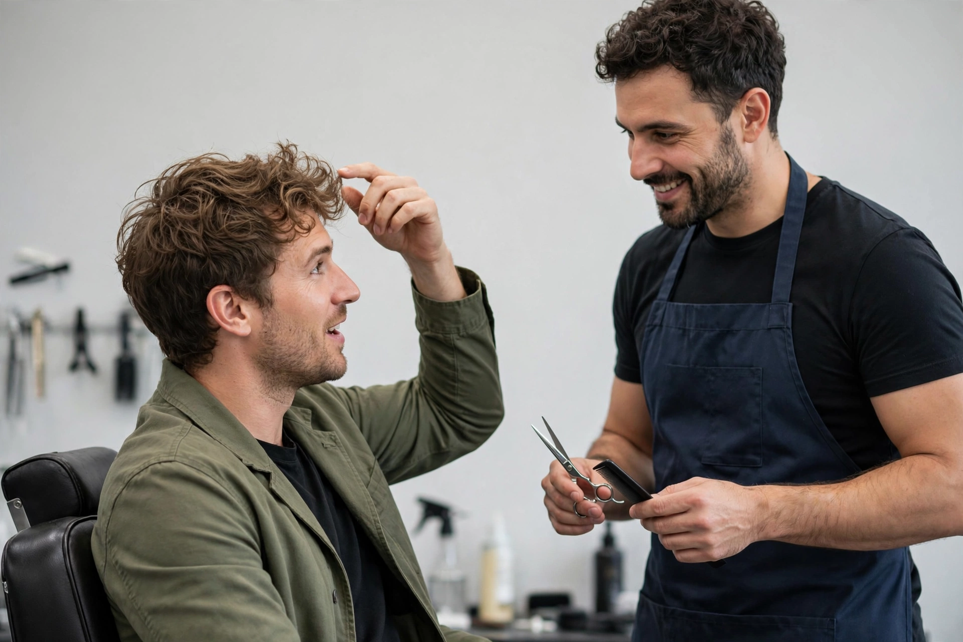 Man consulting with his barber in a barbershop, discussing the wings haircut