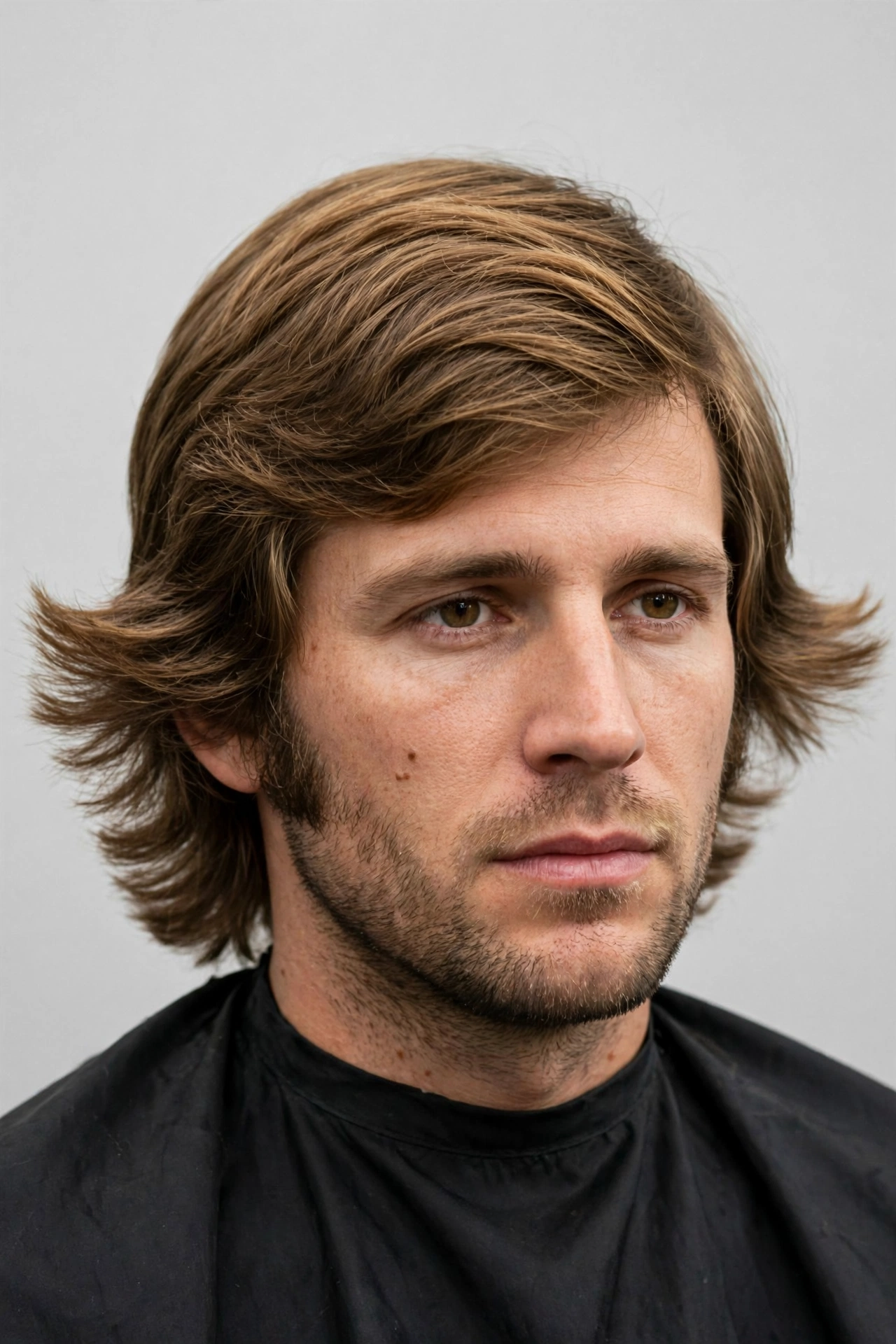 Classic 70s wings haircut on a man, feathered sides flicking out at the ears, medium length