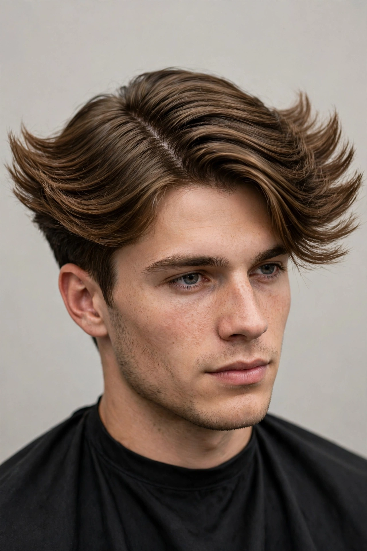 Men's wings haircut with a deep side part, polished feathered sides sweeping from the part
