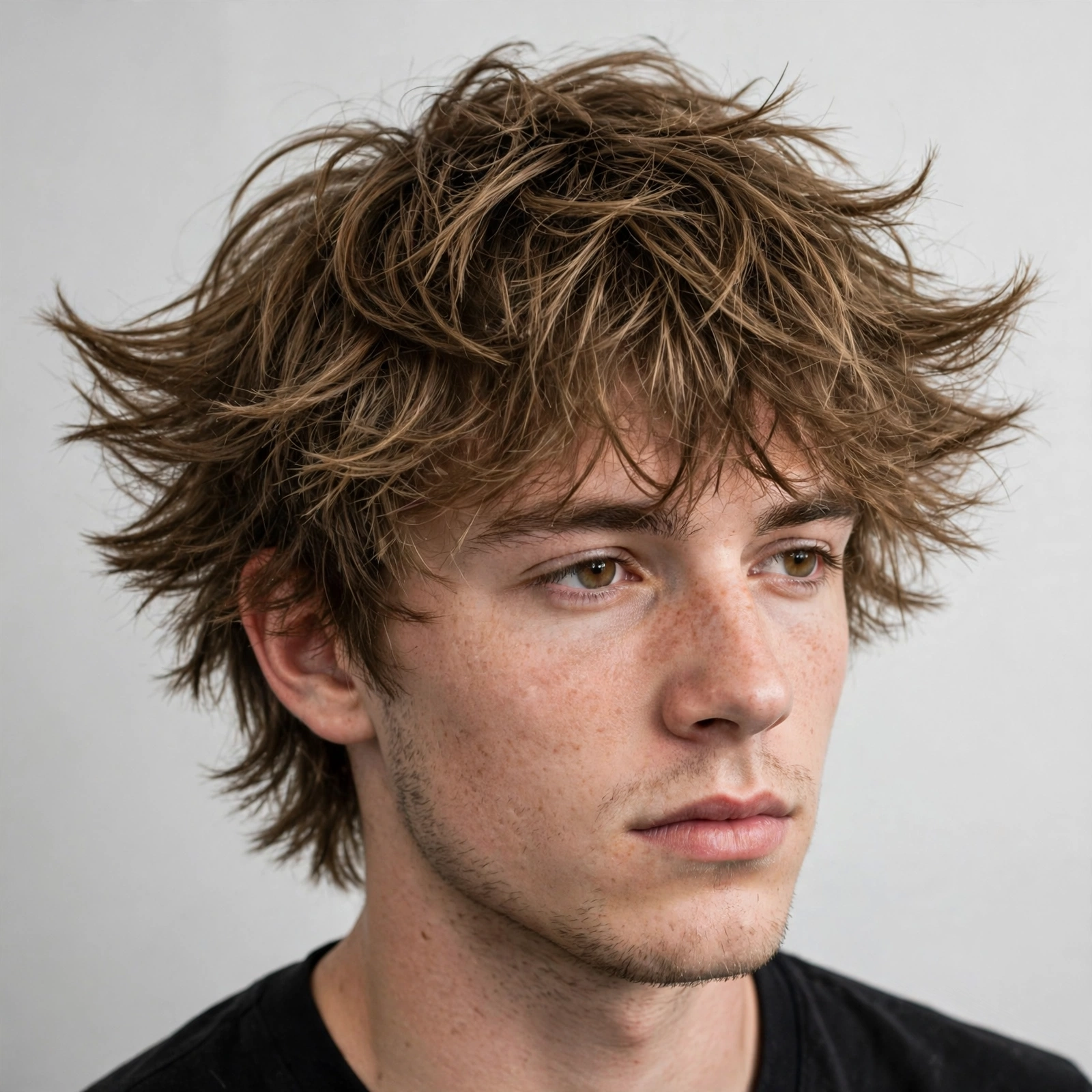 Textured messy men's wings haircut with choppy feathered layers and piecey ends