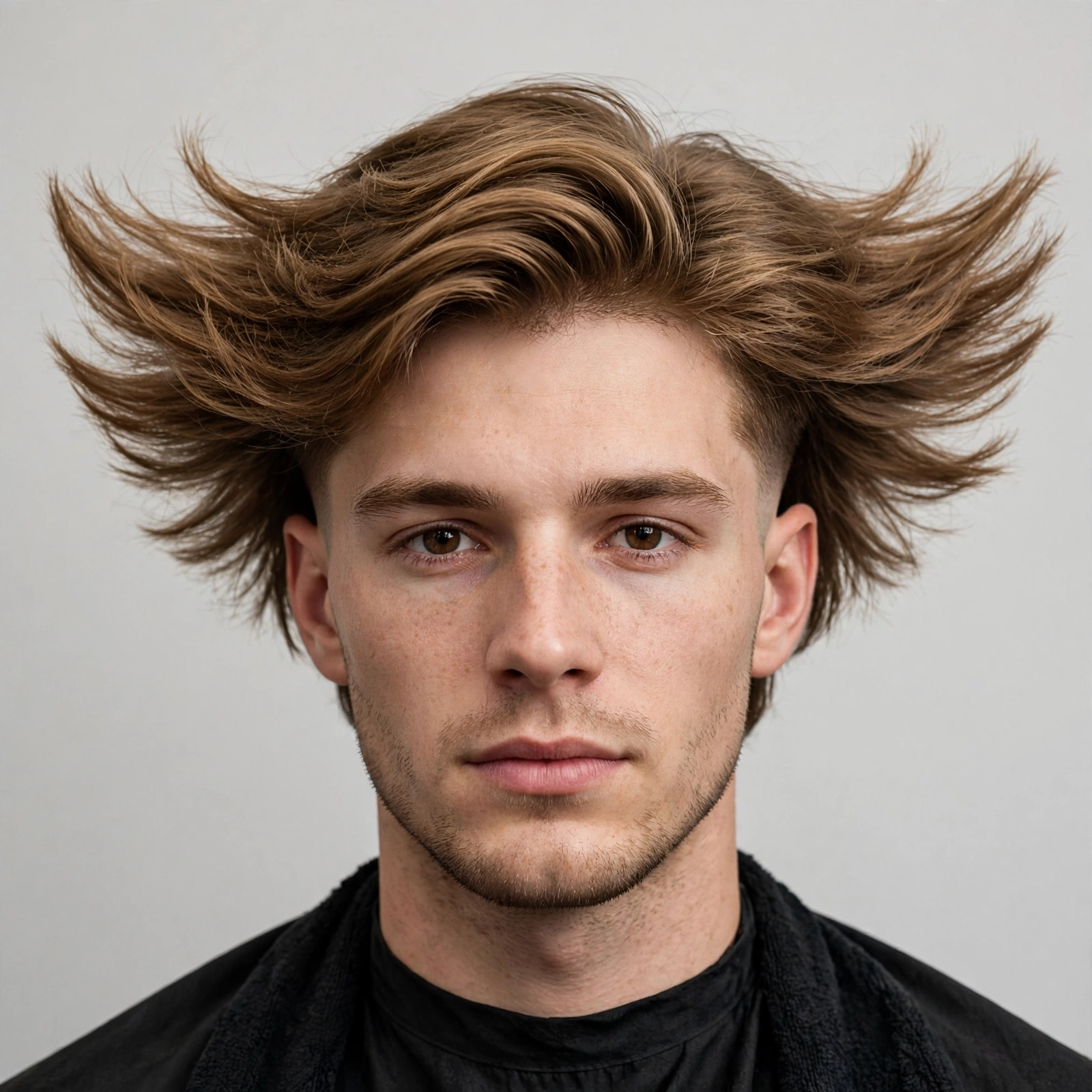 Men's wings haircut with a low fade, feathered top flicking out above clean faded sides
