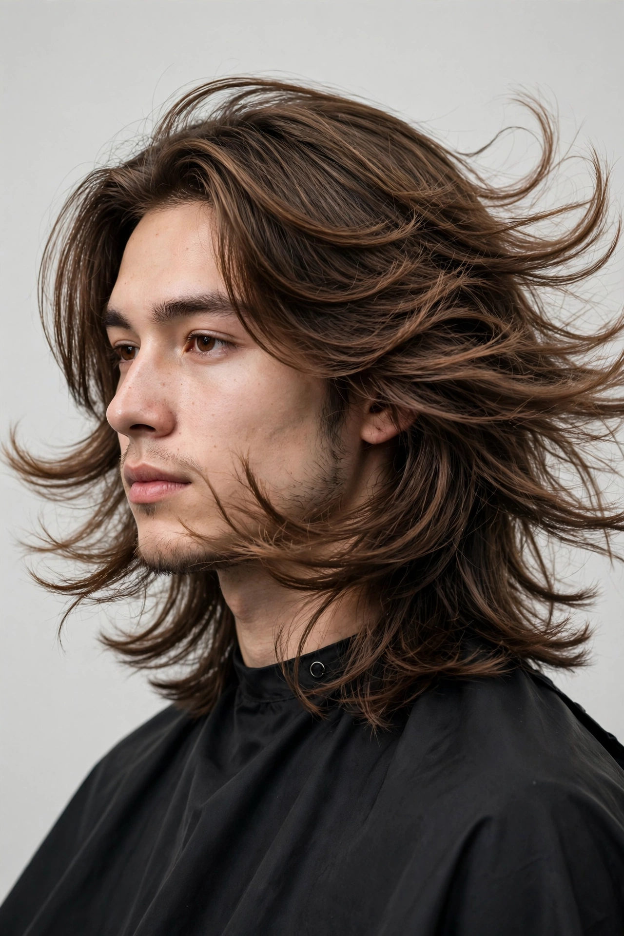Long men's wings haircut, shoulder-length feathered hair with ends flicking at the jawline