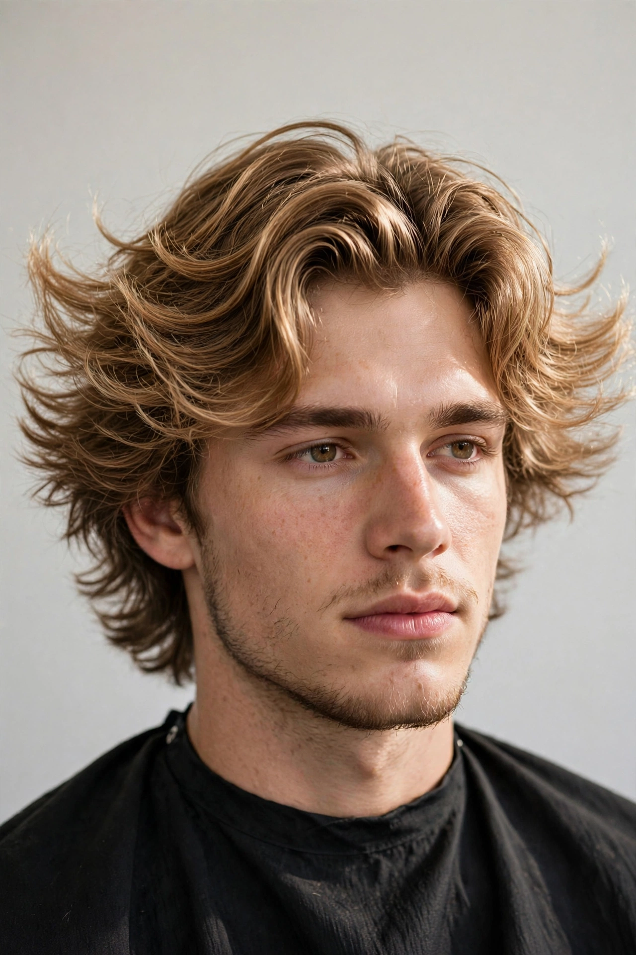Wavy men's wings haircut with loose beachy waves flicking outward at the ears