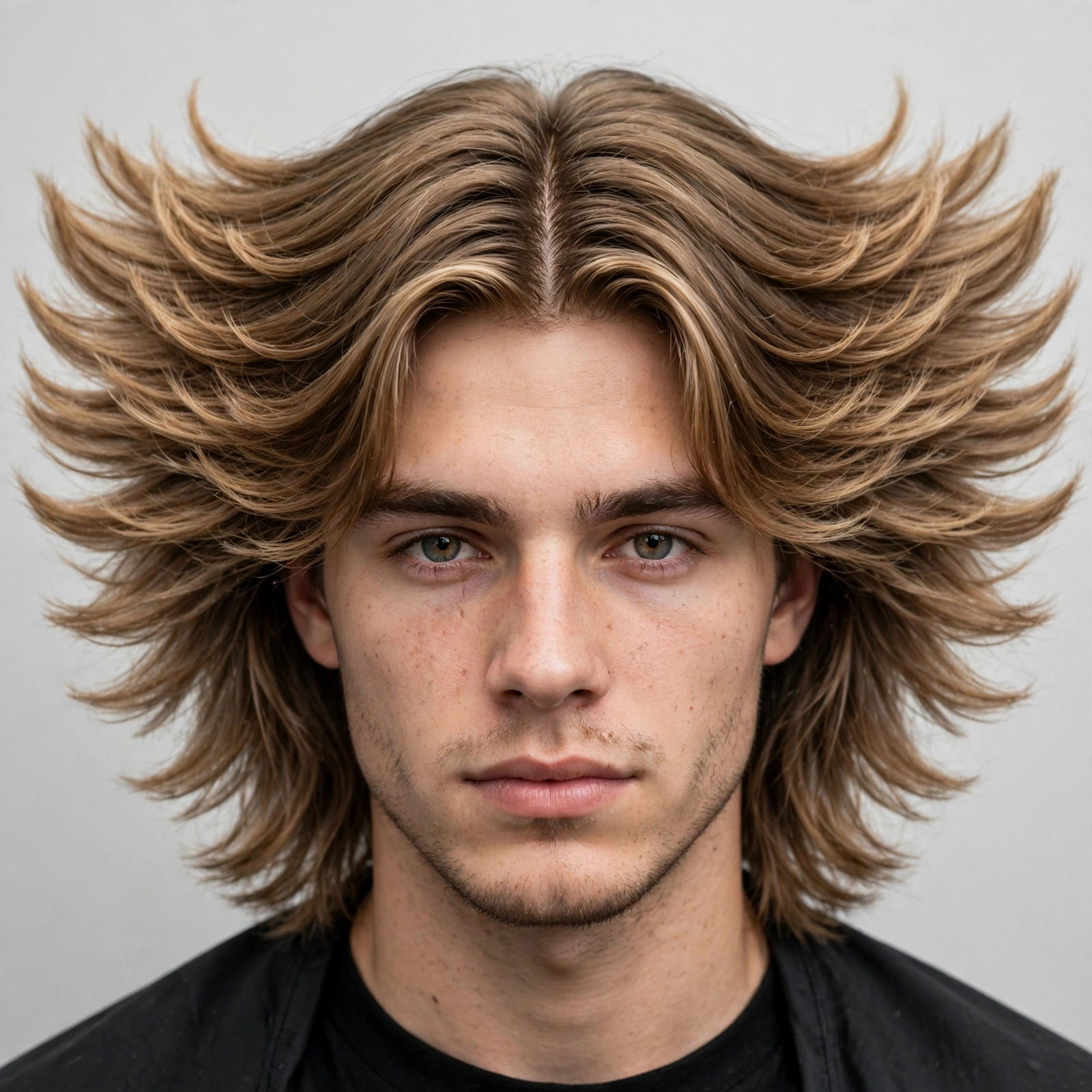 Men's wings haircut with a middle part, symmetrical feathered hair falling on both sides