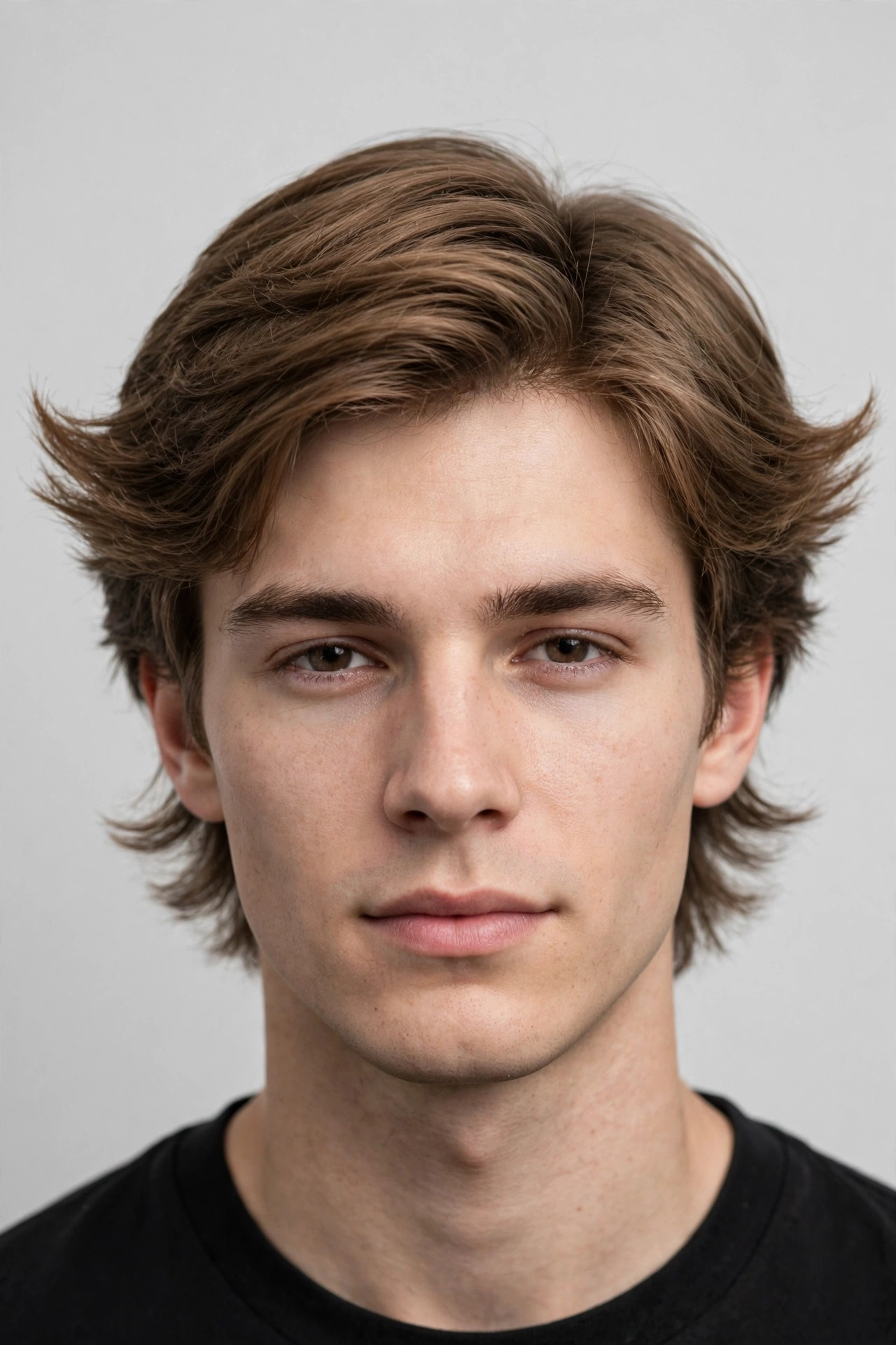 Short men's wings haircut, cropped feathered sides with a subtle flick at the ears