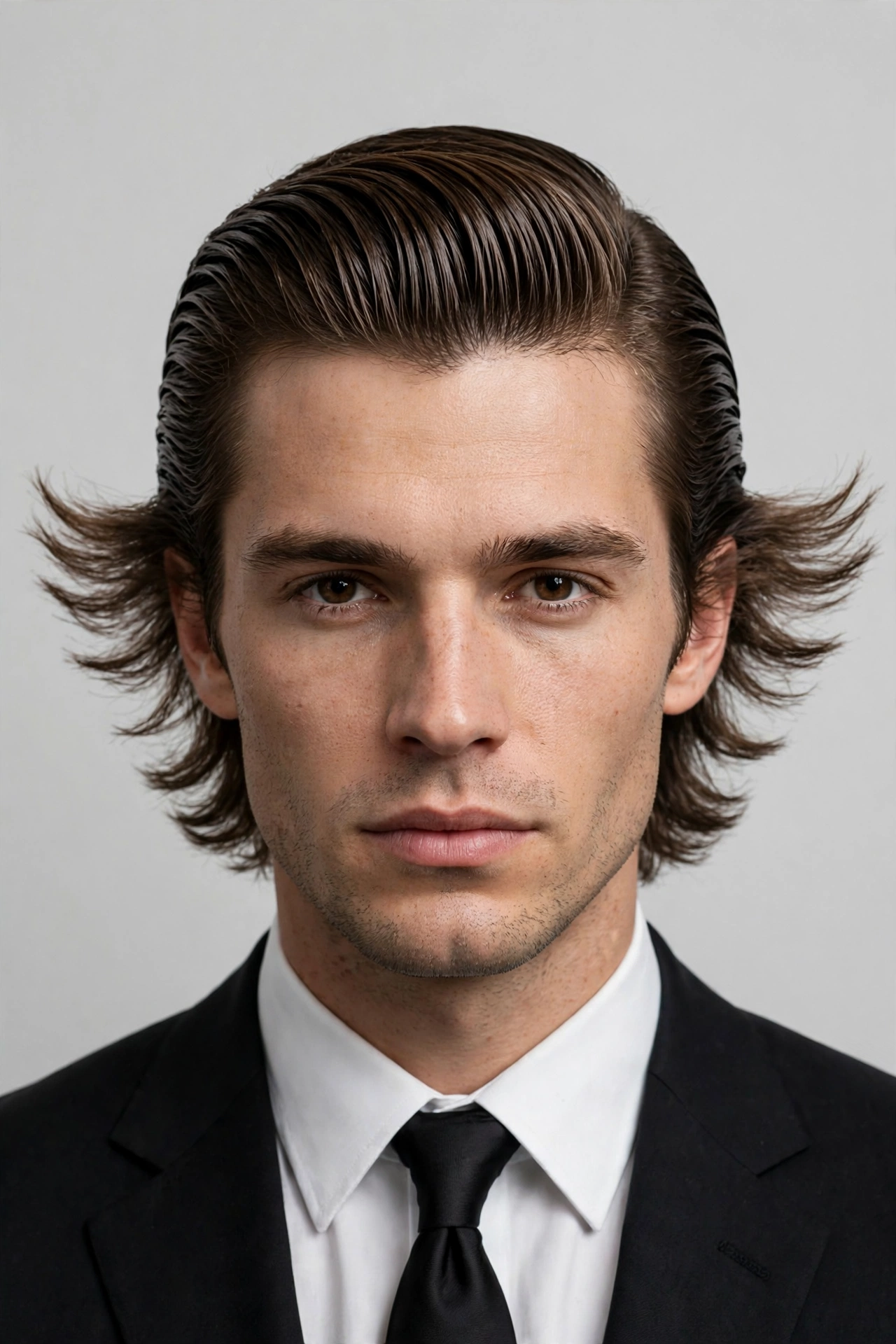 Slicked-back men's wings haircut, polished top with feathered sides, formal style