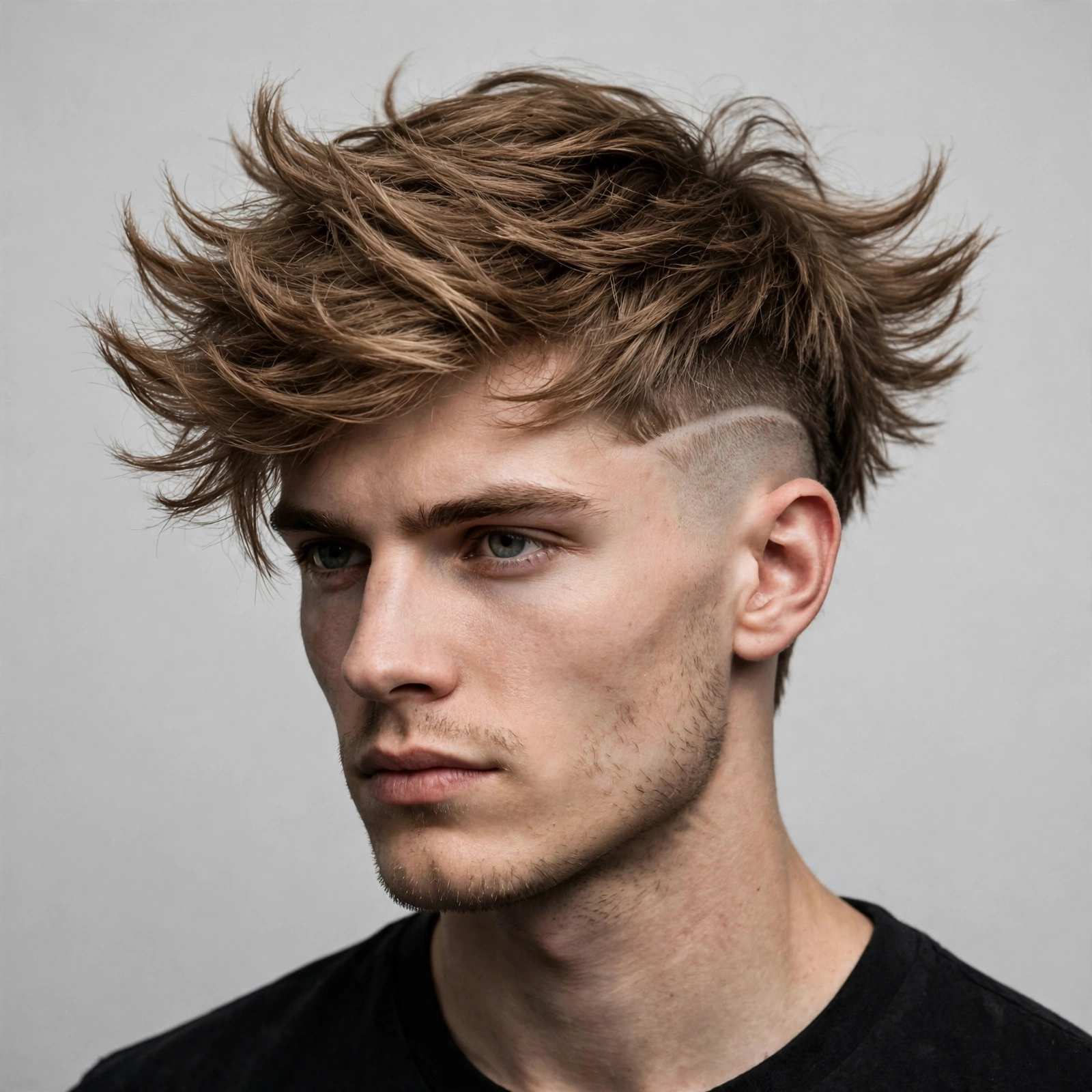 Men's wings haircut with an undercut, disconnected short sides under a long feathered top