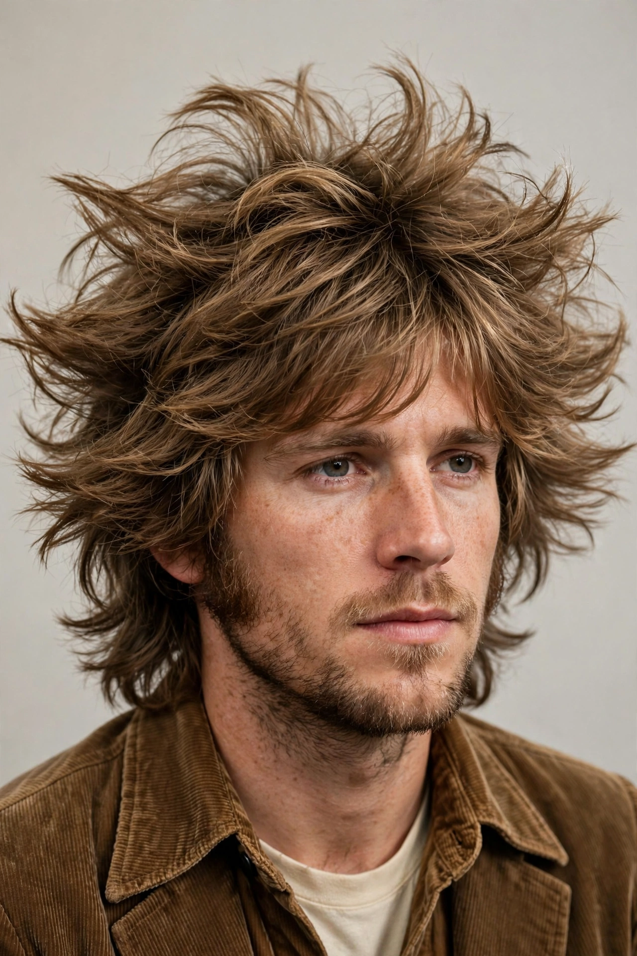 Shaggy men's wings haircut, full layered shag with feathered ends flipping in all directions