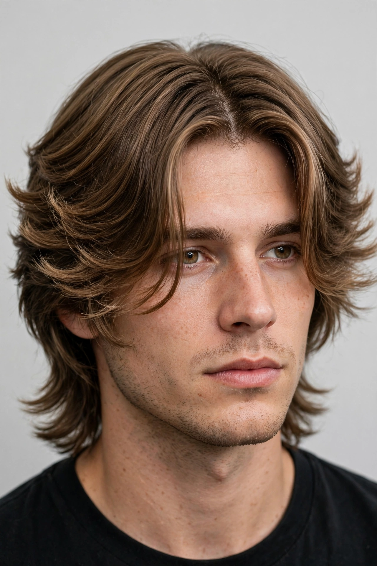 Men's wings haircut with curtain fringe framing the face, flowing into feathered sides