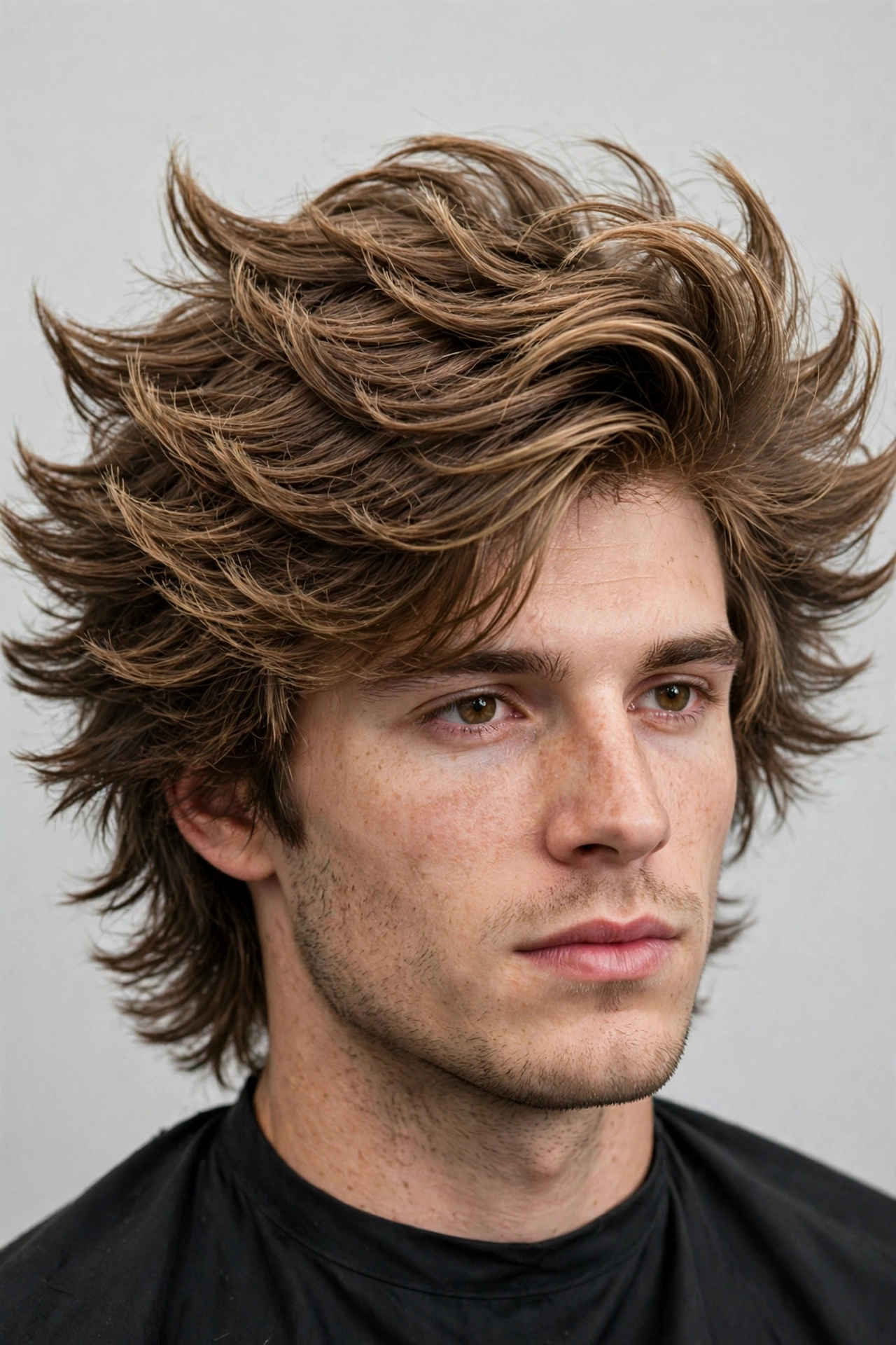 Heavily layered men's wings haircut with stacked feathered layers and maximum texture