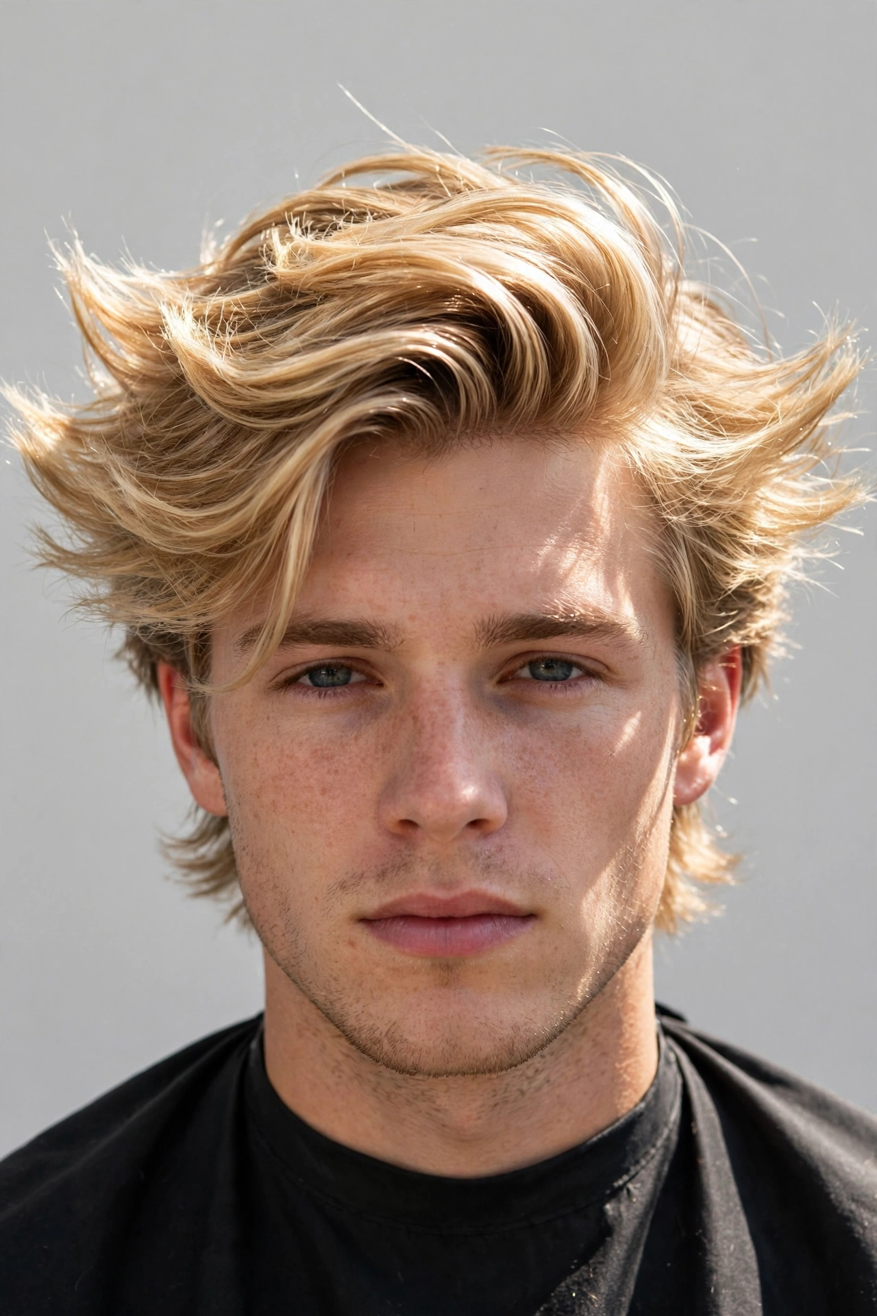 Blonde men's wings haircut with highlighted feathered layers catching the light