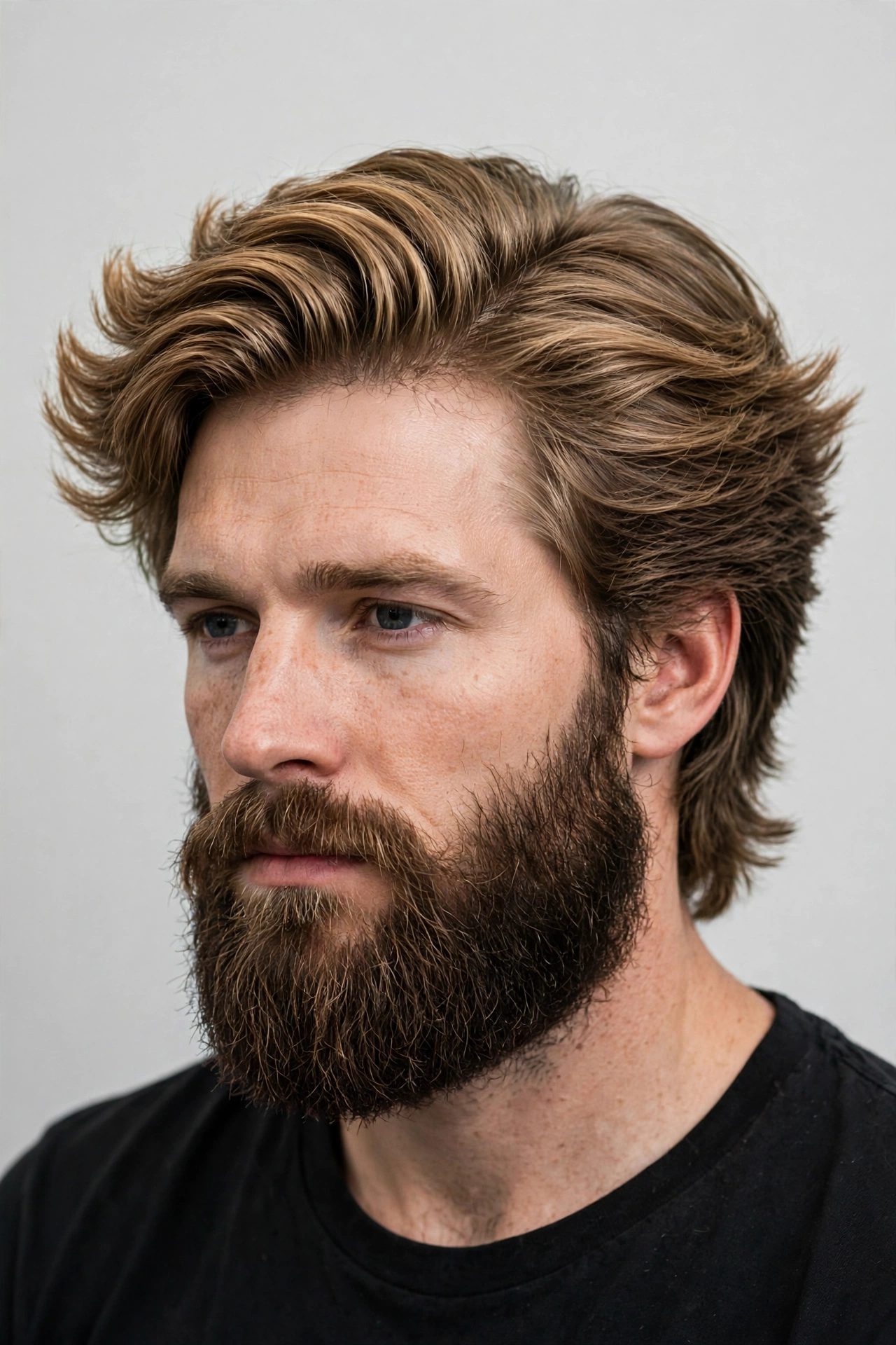 Men's wings haircut paired with a full groomed beard, feathered hair blending at the sideburns