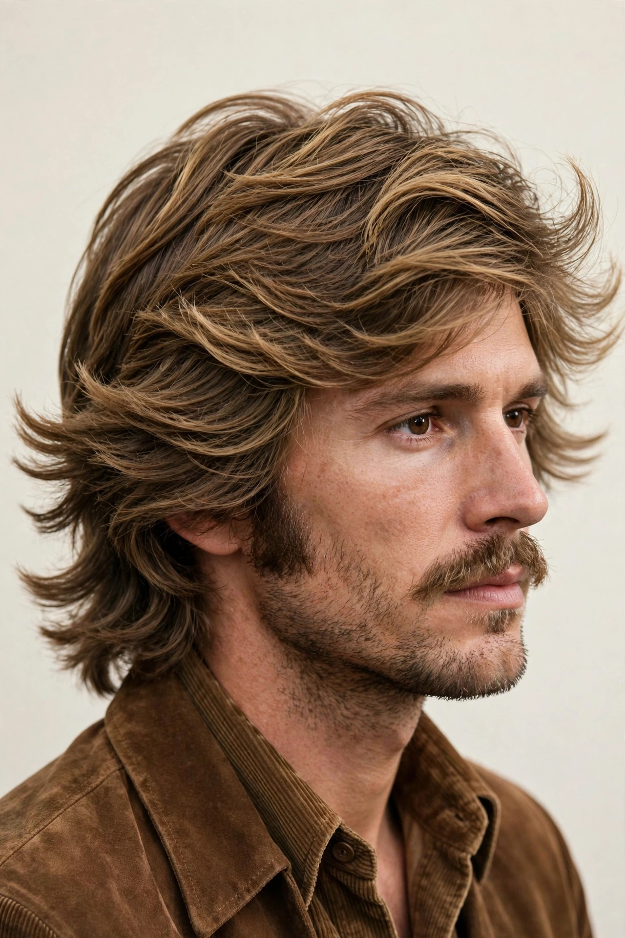 Barbershop editorial shot of a feathered wings haircut with soft 70s-inspired texture