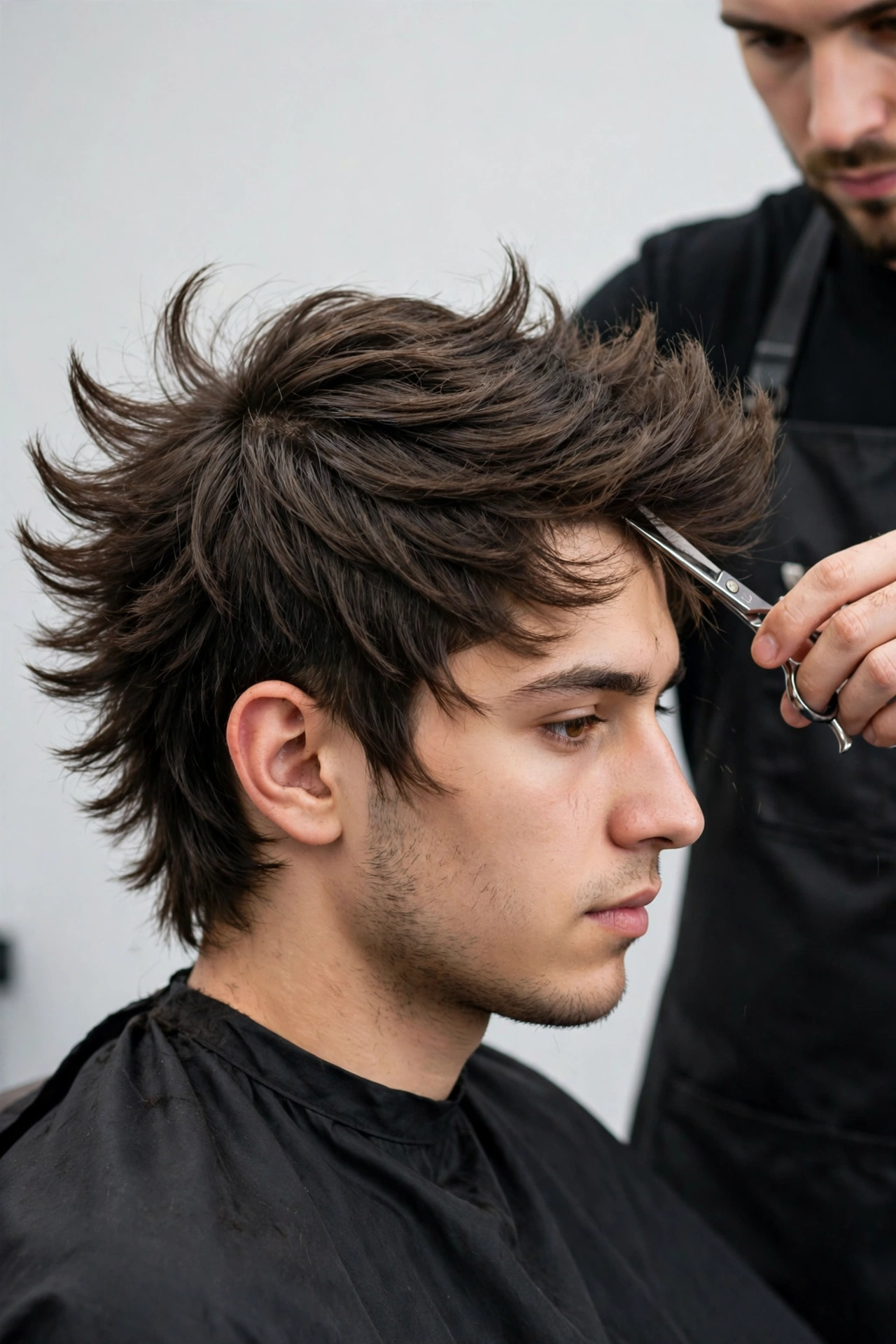 Barber trimming a man's feathered wings haircut with scissors, maintenance trim