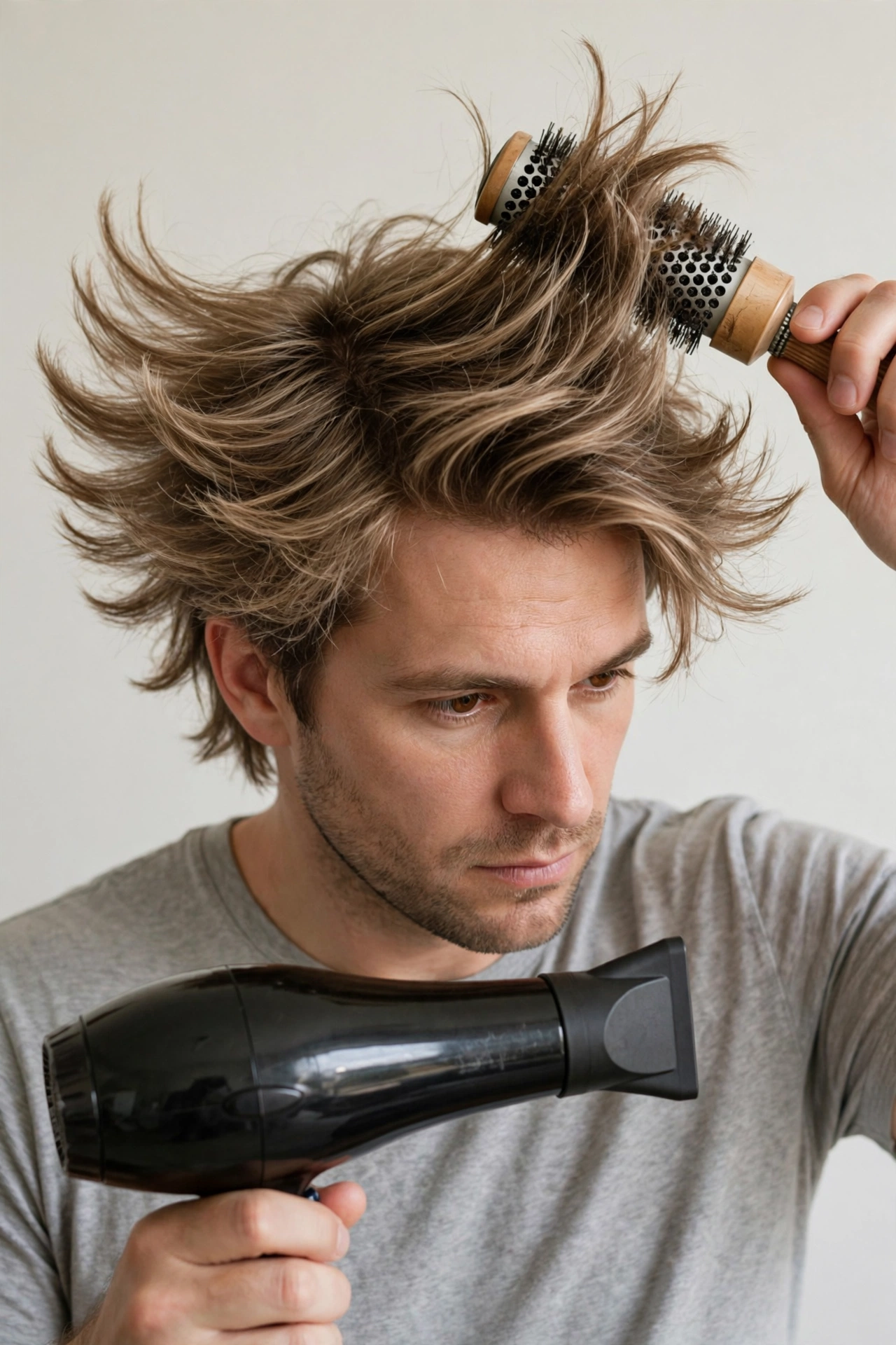 Man blow-drying his feathered wings haircut at home with a round brush, styling tutorial