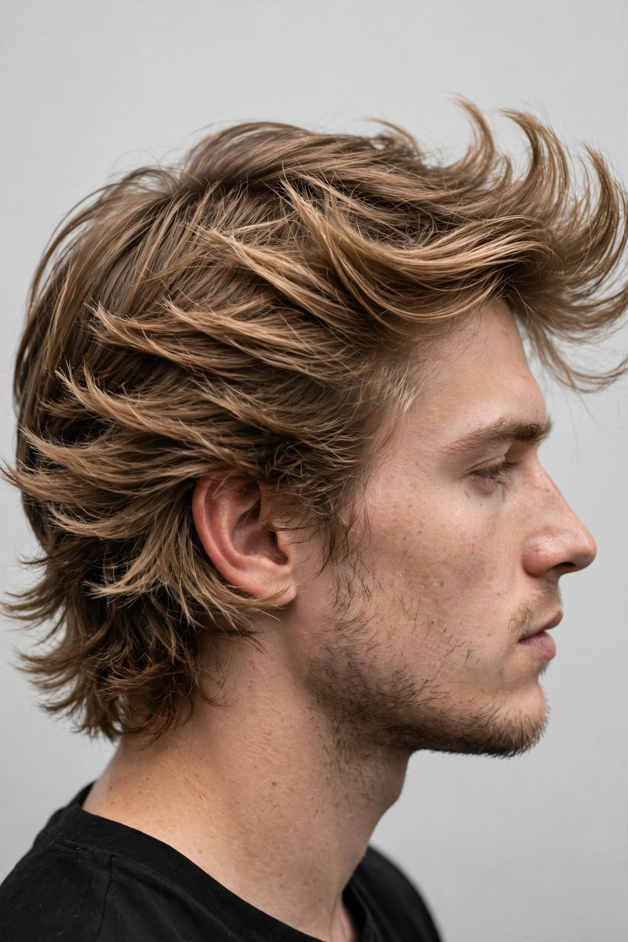 Side profile of a man with a feathered wings haircut, hair flicking out over the ears