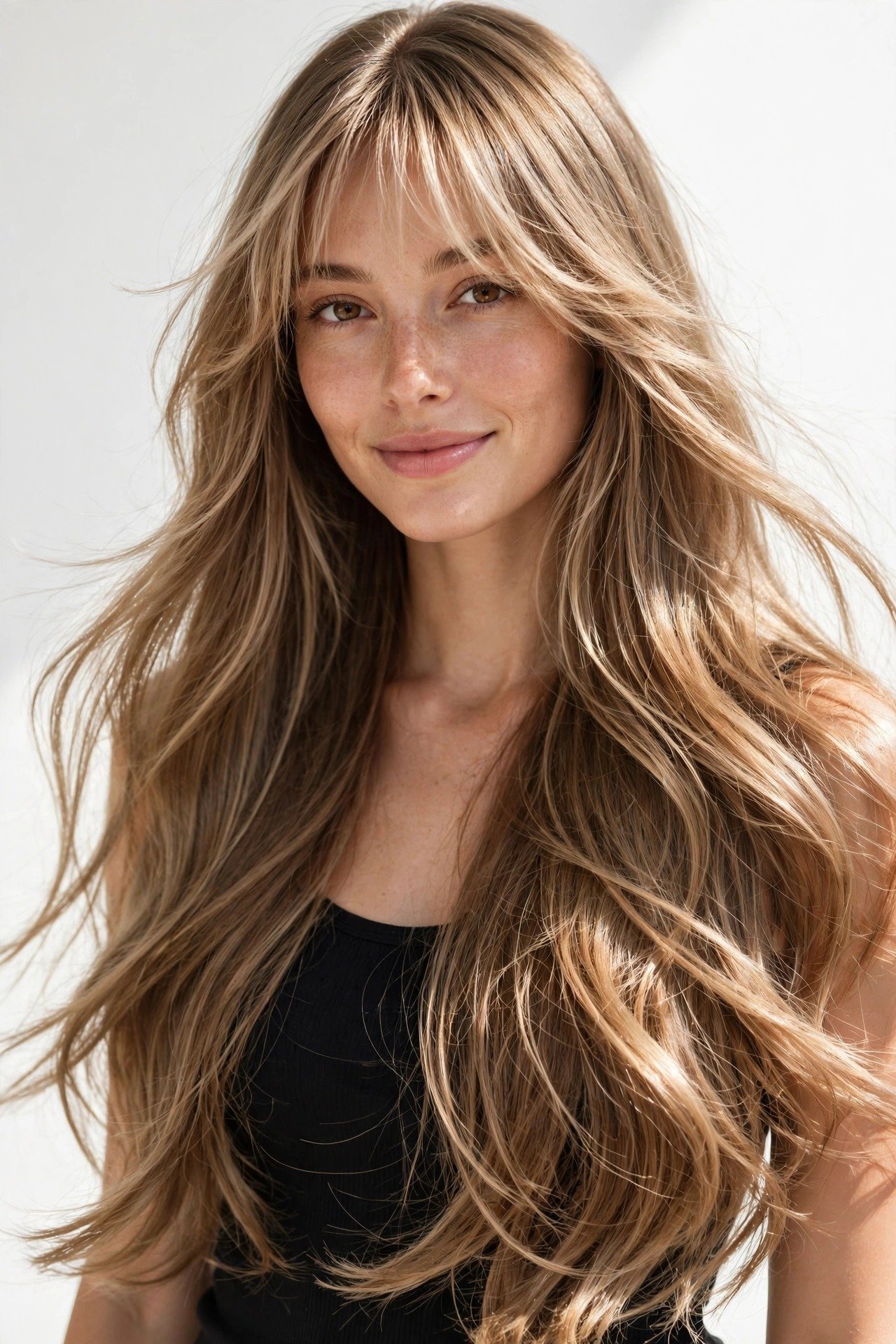 Woman with soft wispy bangs framing her face