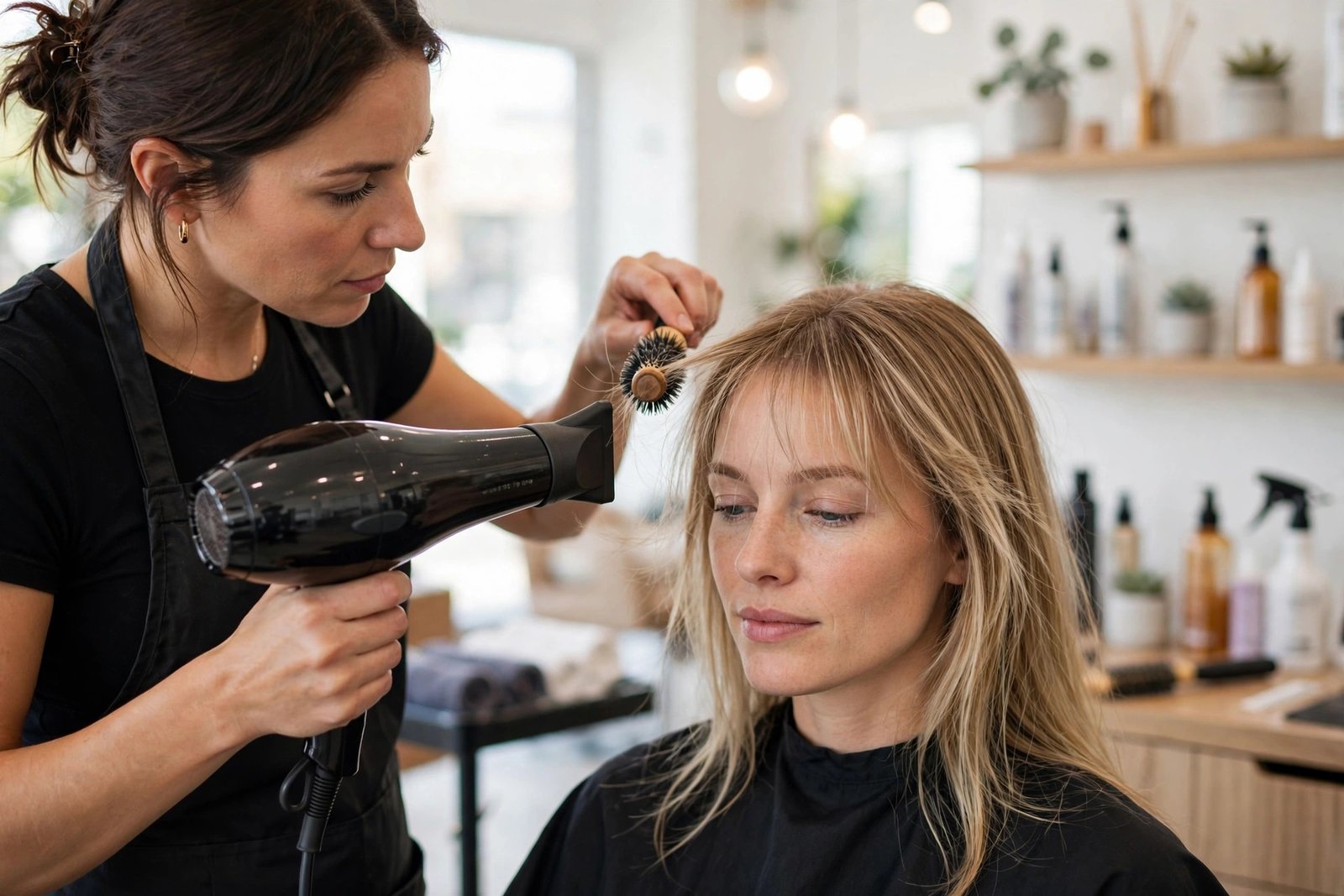 Styling wispy bangs with a round brush