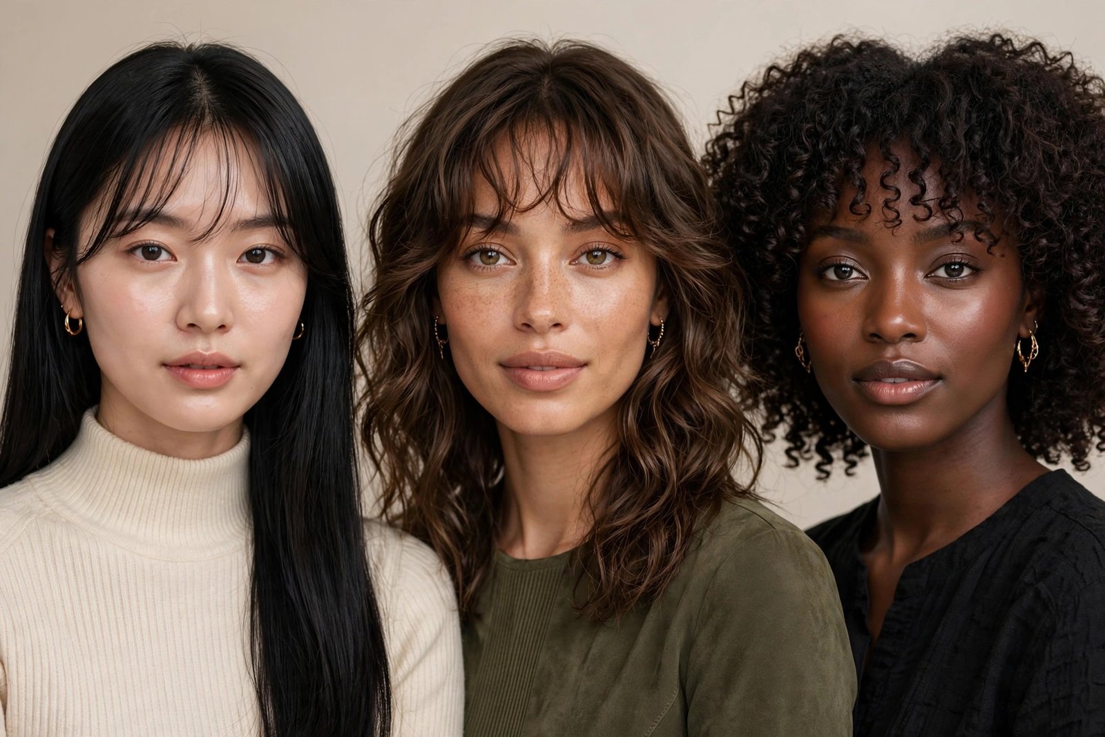 Wispy bangs on straight, wavy, and curly hair